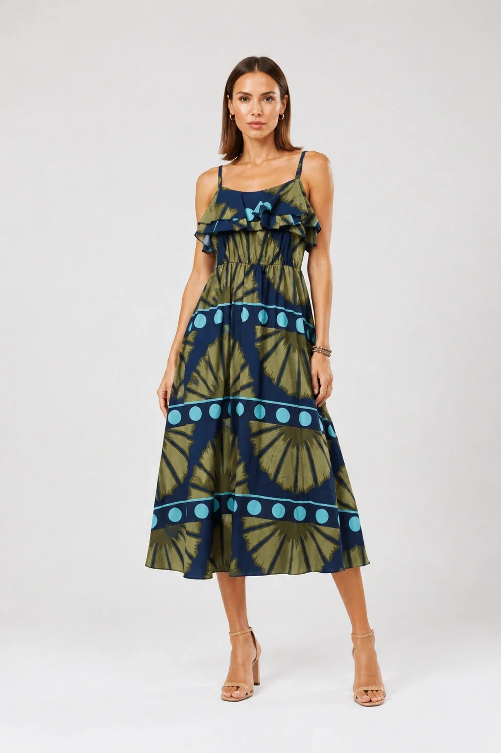 Shopika Rochie lunga din bumbac subtire cu volan pe piept si imprimeu abstract bleumarin