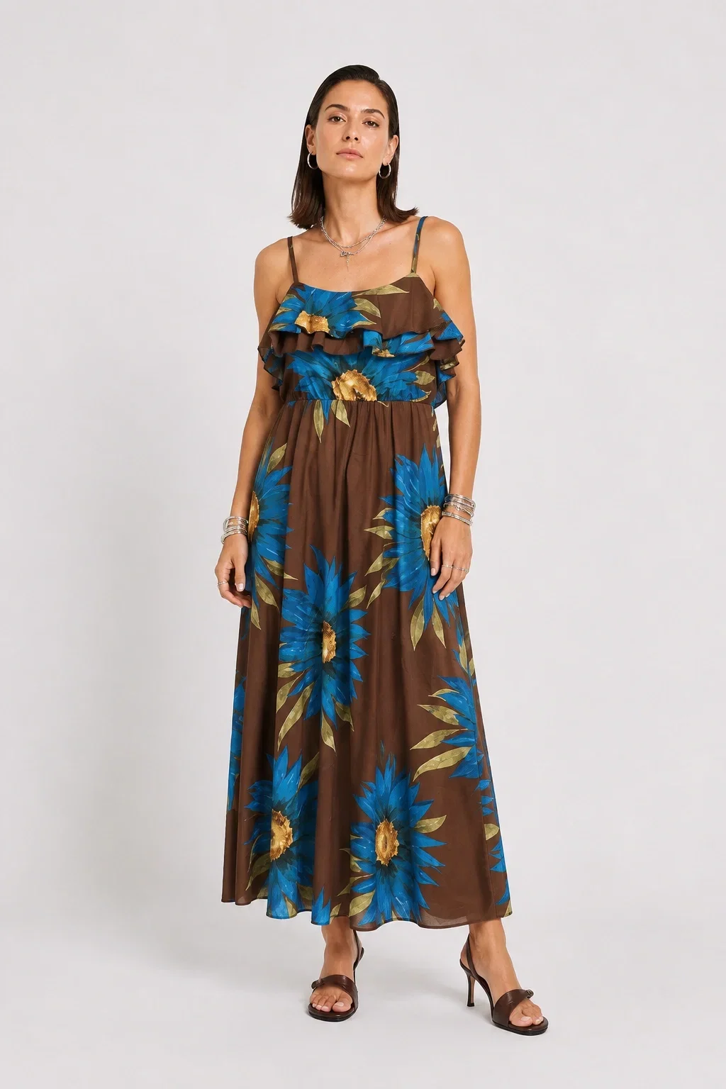 Shopika Rochie lunga din bumbac subtire cu volan pe piept siimprimeu floral maro