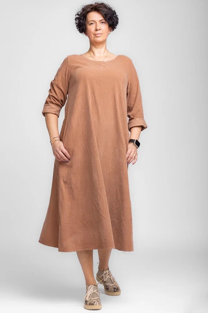 Shopika Rochie lunga din catifea reiata A-line camel