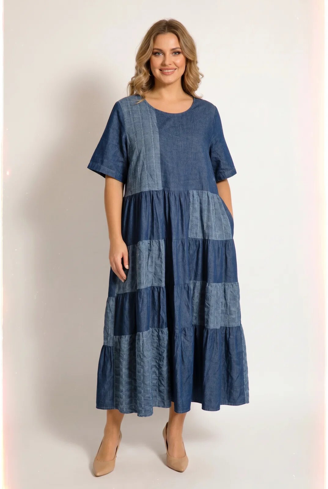 Shopika Rochie lunga din denim cudesign patchwork si croi lejer