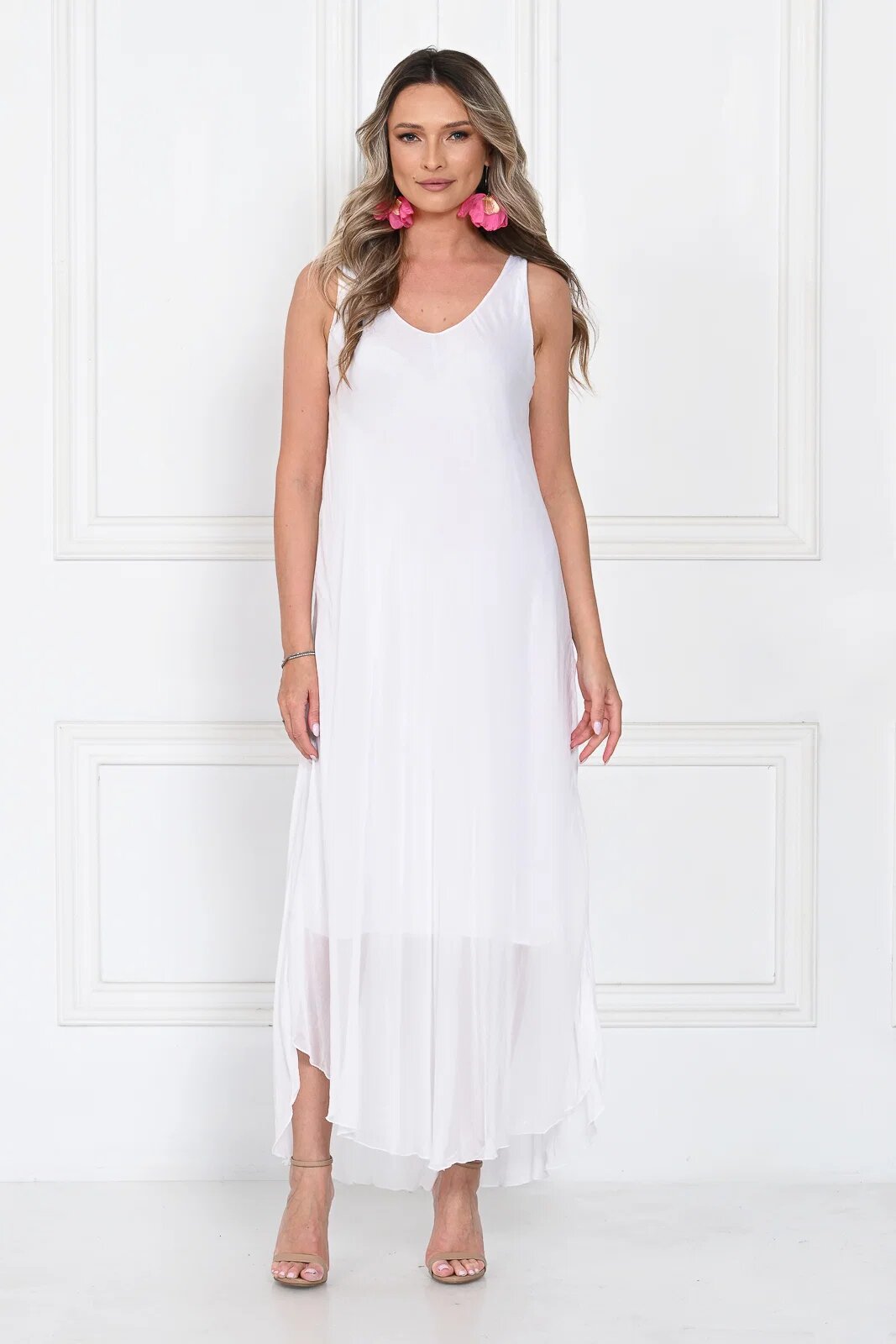 Shopika Rochie lunga din matase cu croi fluid si bretele fine eleganta alba