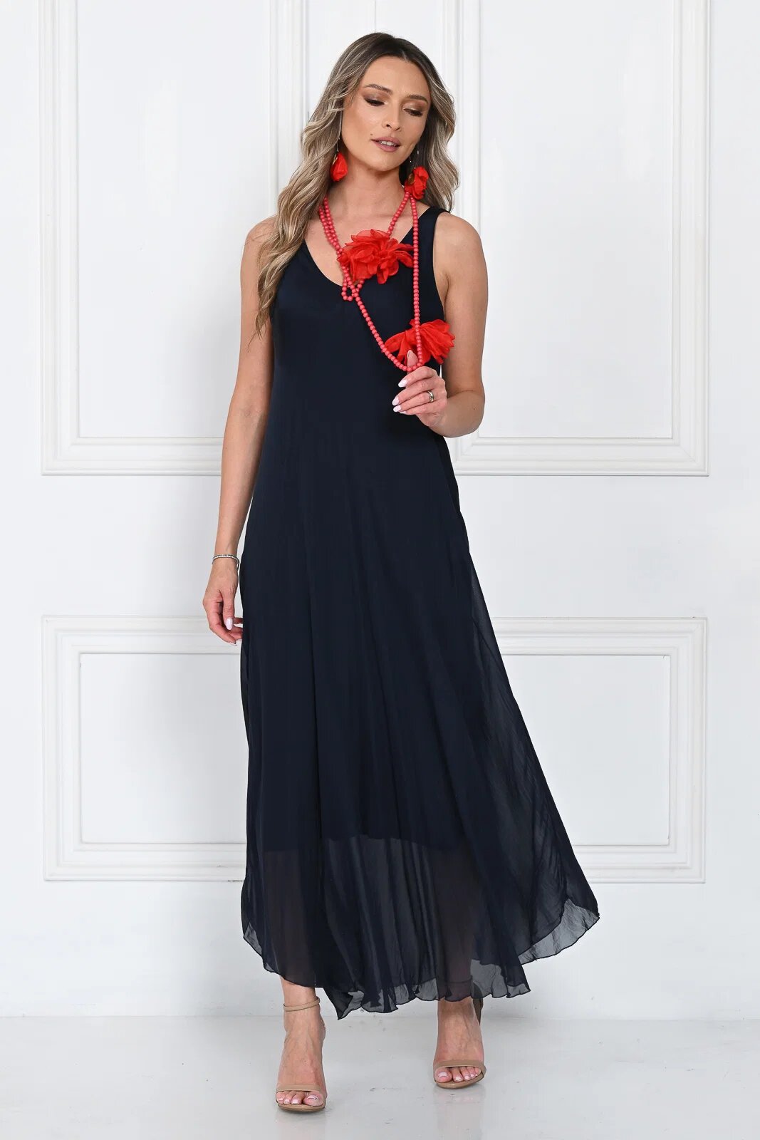 Shopika Rochie lunga din matase cu croi fluid si bretele fine eleganta bleumarin