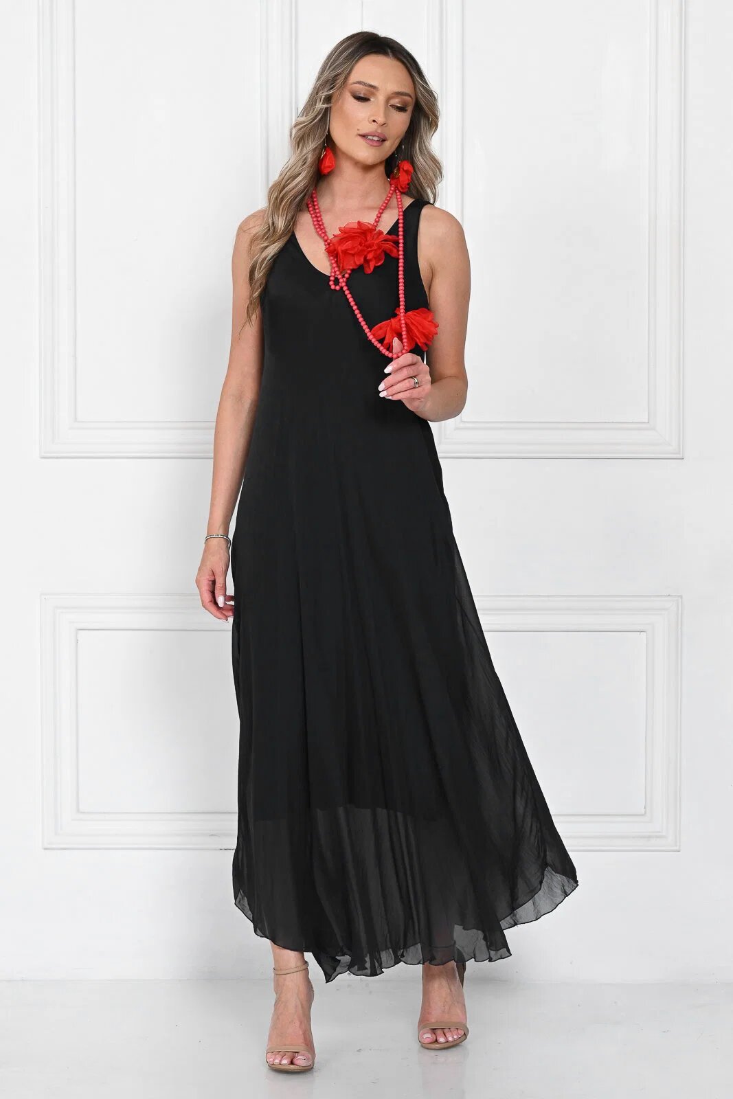Shopika Rochie lunga din matase cu croi fluid si bretele fine eleganta neagra