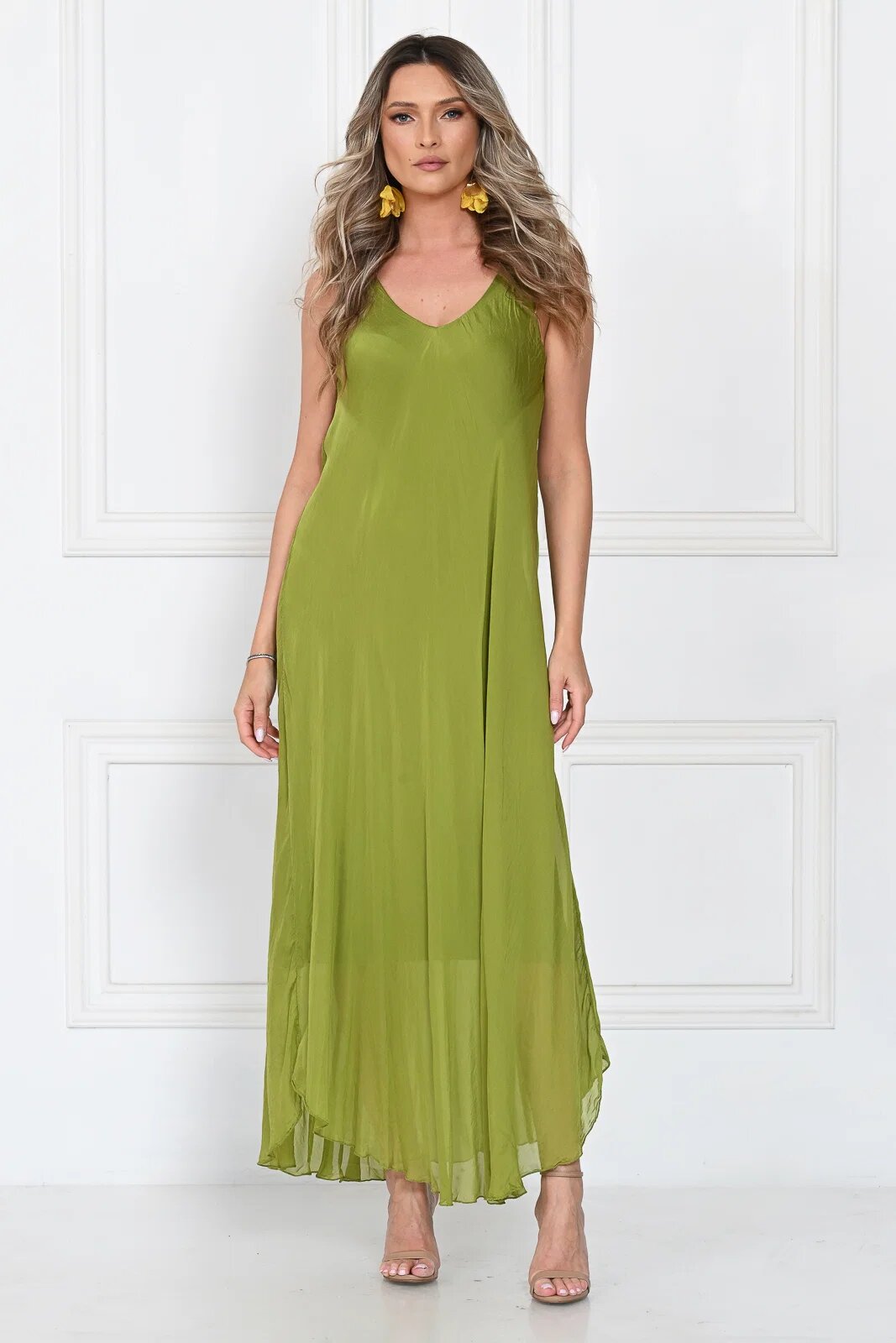 Shopika Rochie lunga din matase cu croi fluid si bretele fine eleganta verde olive