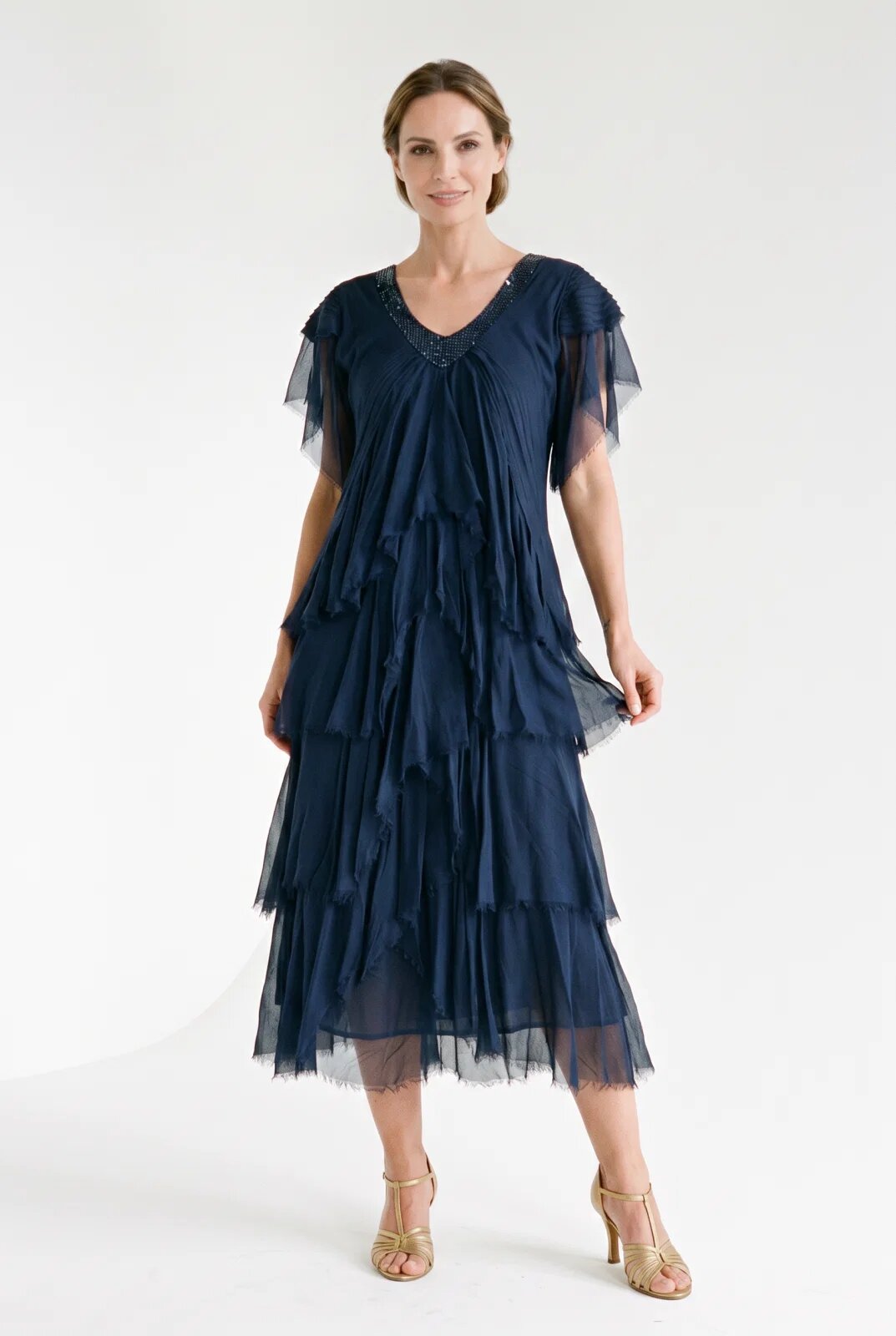 Shopika Rochie lunga din matase cu volane suprapuse asimetrice si paiete fine la decolteu bleumarin