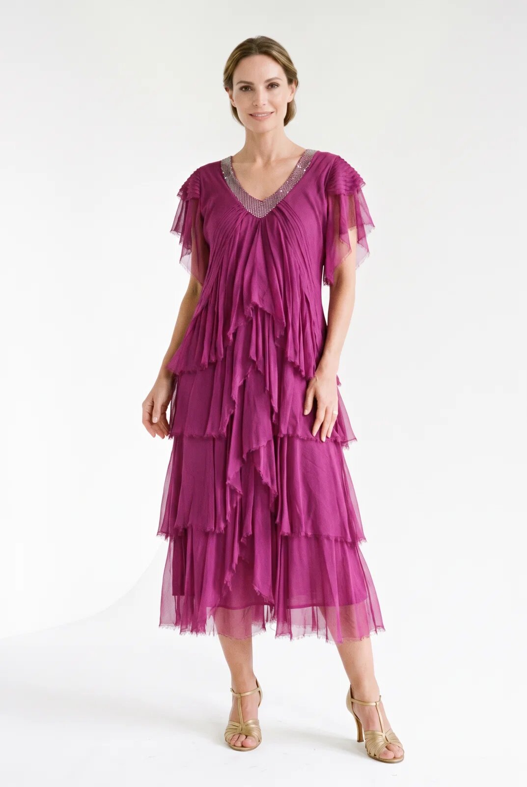 Shopika Rochie lunga din matase cu volane suprapuse asimetrice si paiete fine la decolteu magenta
