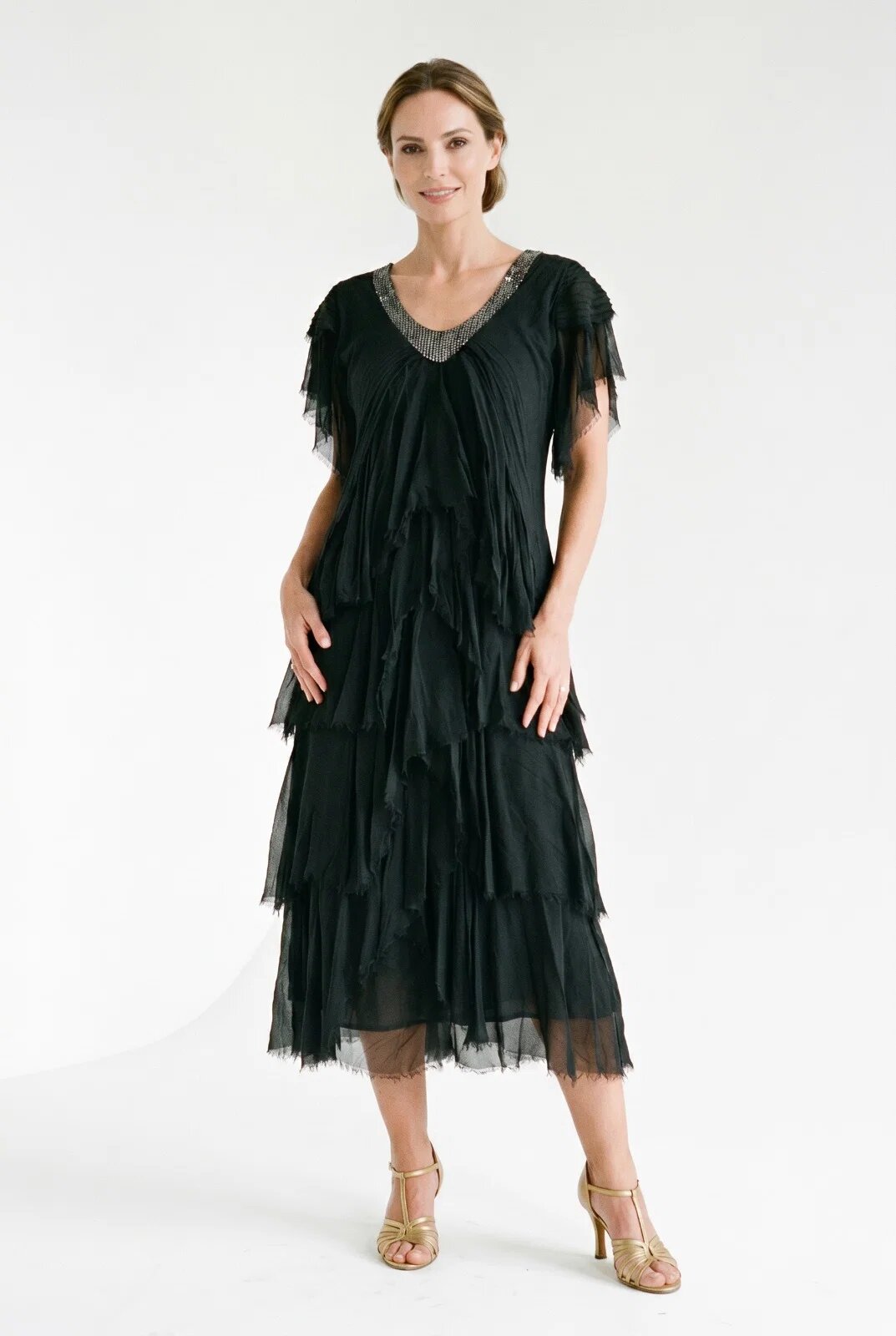 Shopika Rochie lunga din matase cu volane suprapuse asimetrice si paiete fine la decolteu neagra