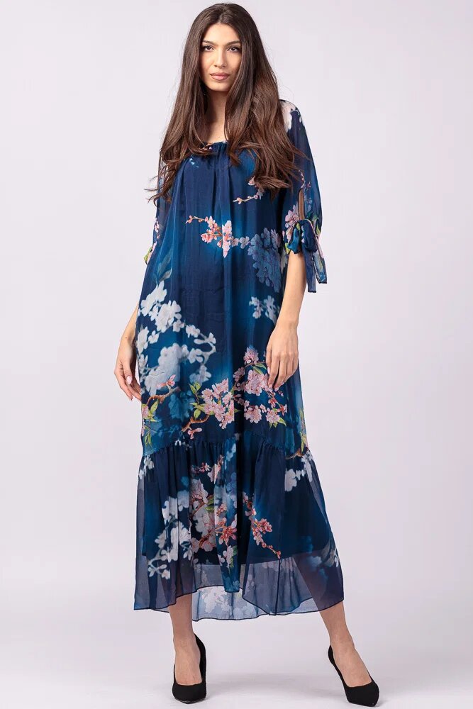 Shopika Rochie lunga din matase si vascoza cu imprimeu flori de cires pe fond bleumarin