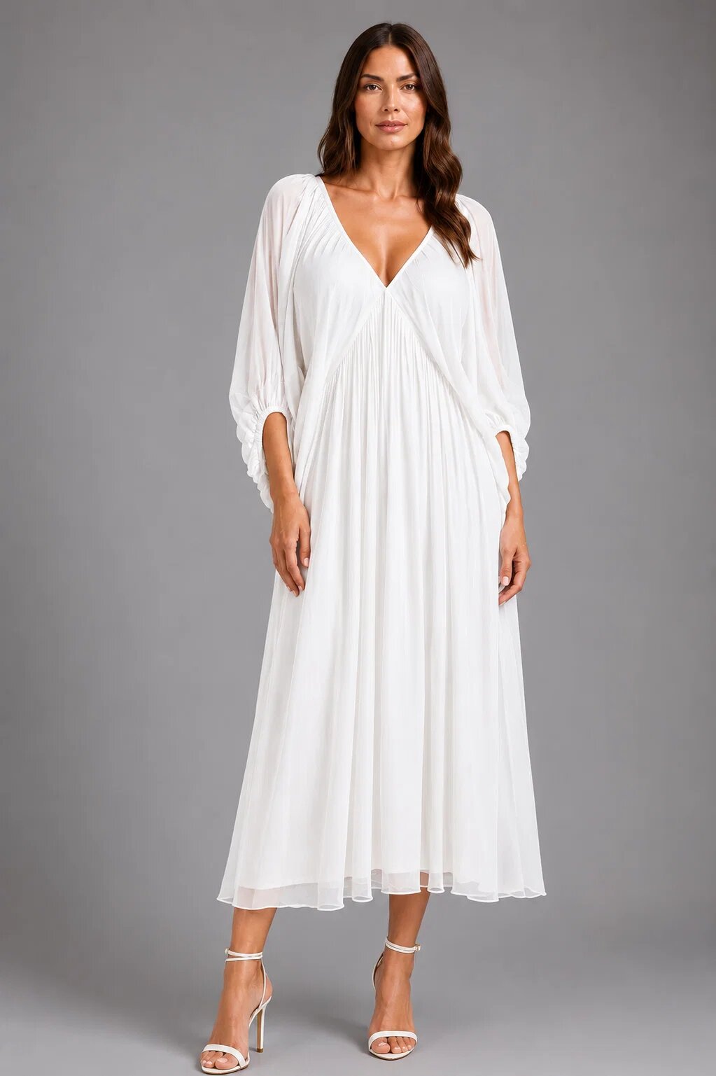 Shopika Rochie lunga din matase si vascoza cu maneci ample si decolteu adanc alba