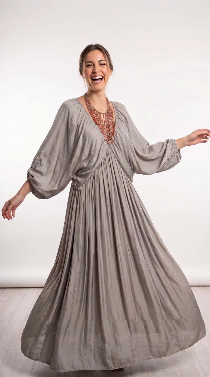 Shopika Rochie lunga din matase si vascoza cu maneci ample si decolteu adanc bej inchis