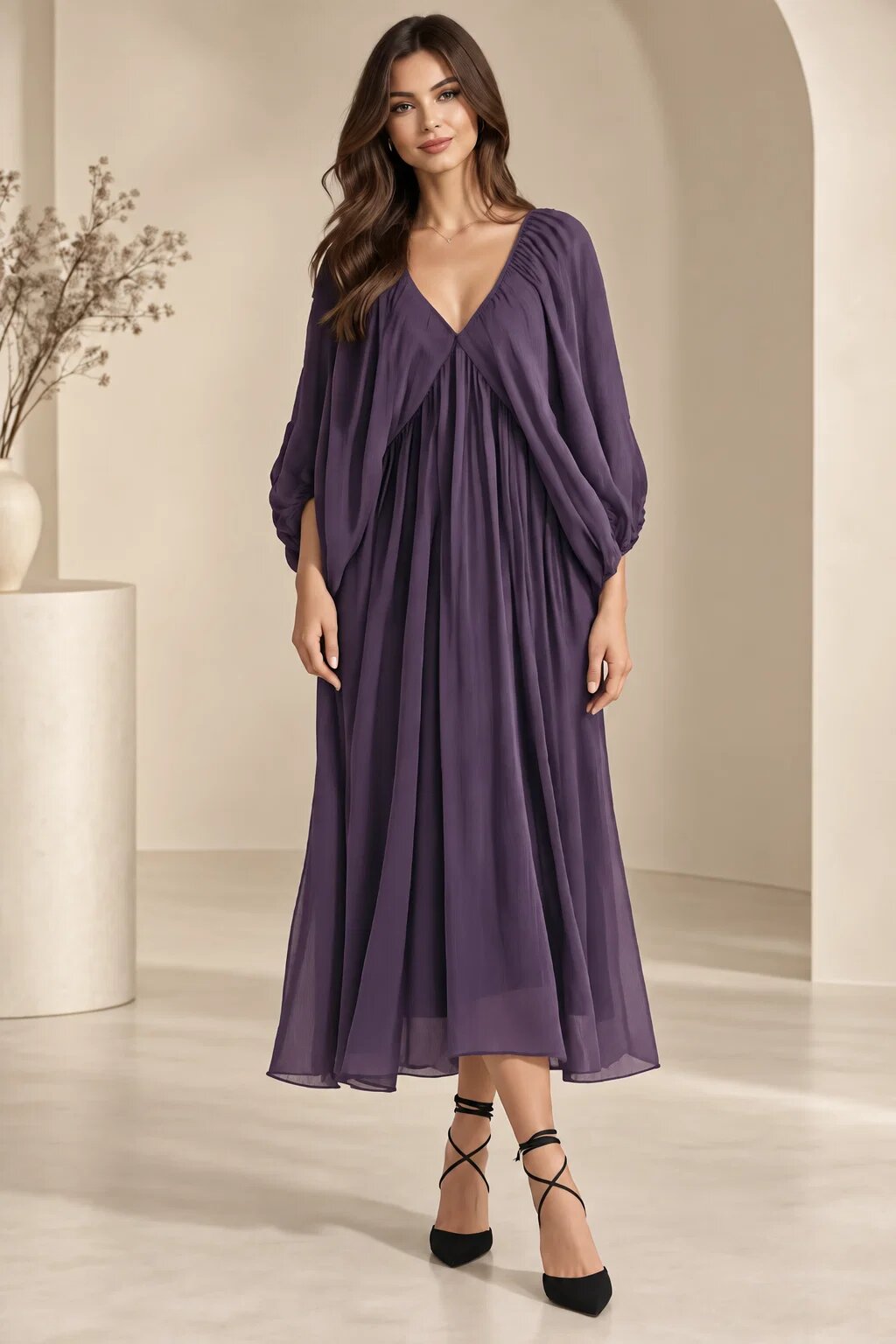 Shopika Rochie lunga din matase si vascoza cu maneci ample si decolteu adanc mov inchis