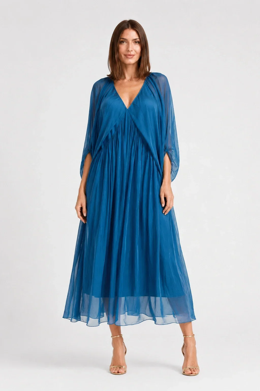Shopika Rochie lunga din matase si vascoza cu maneci ample si decolteu adanc turcoaz inchis