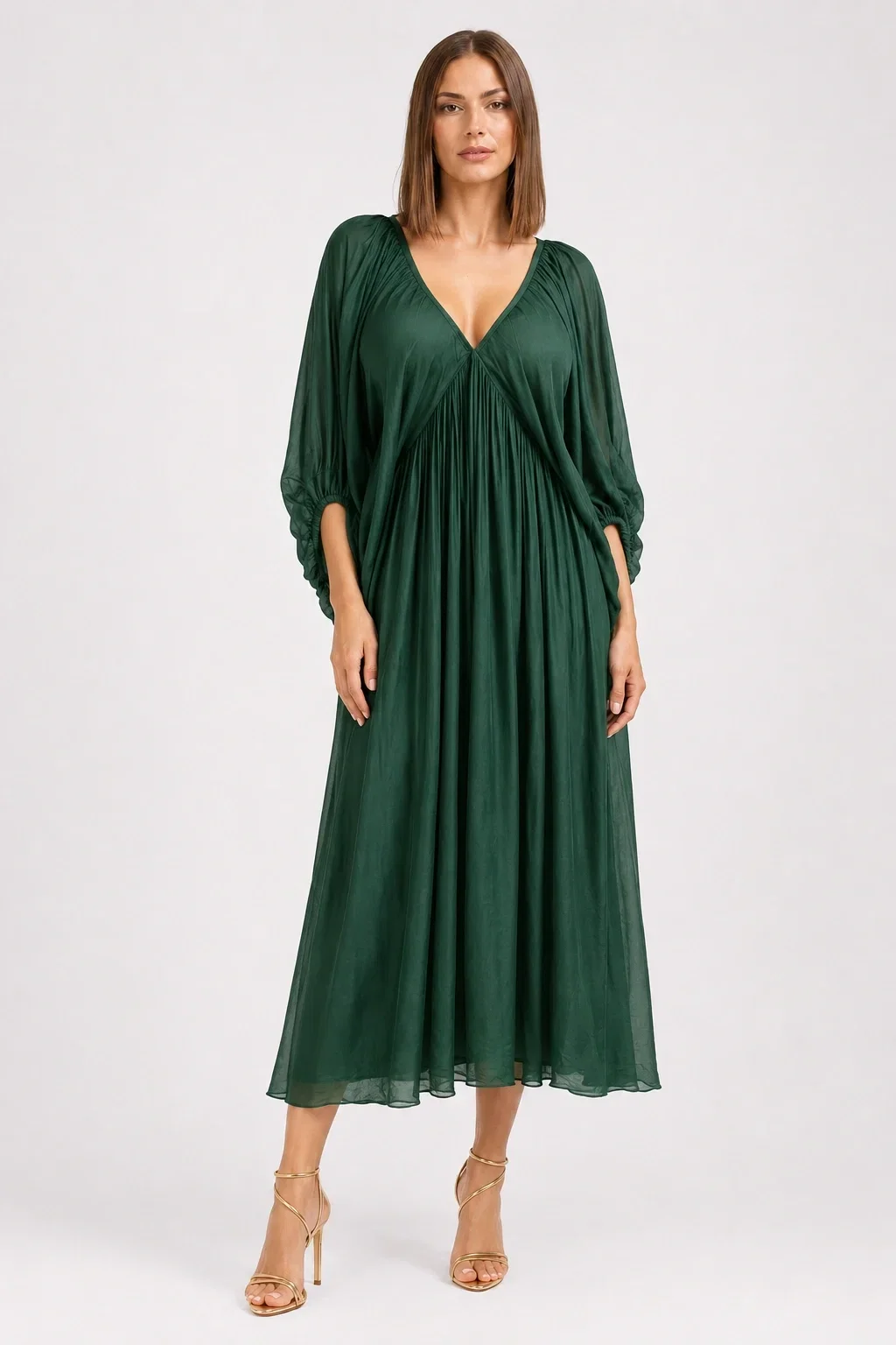 Shopika Rochie lunga din matase si vascoza cu maneci ample si decolteu adanc verde inchis