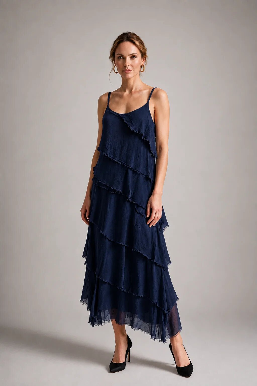 Shopika Rochie lunga din matase si vascoza cu volane suprapuse oblic si croi vaporos bleumarin