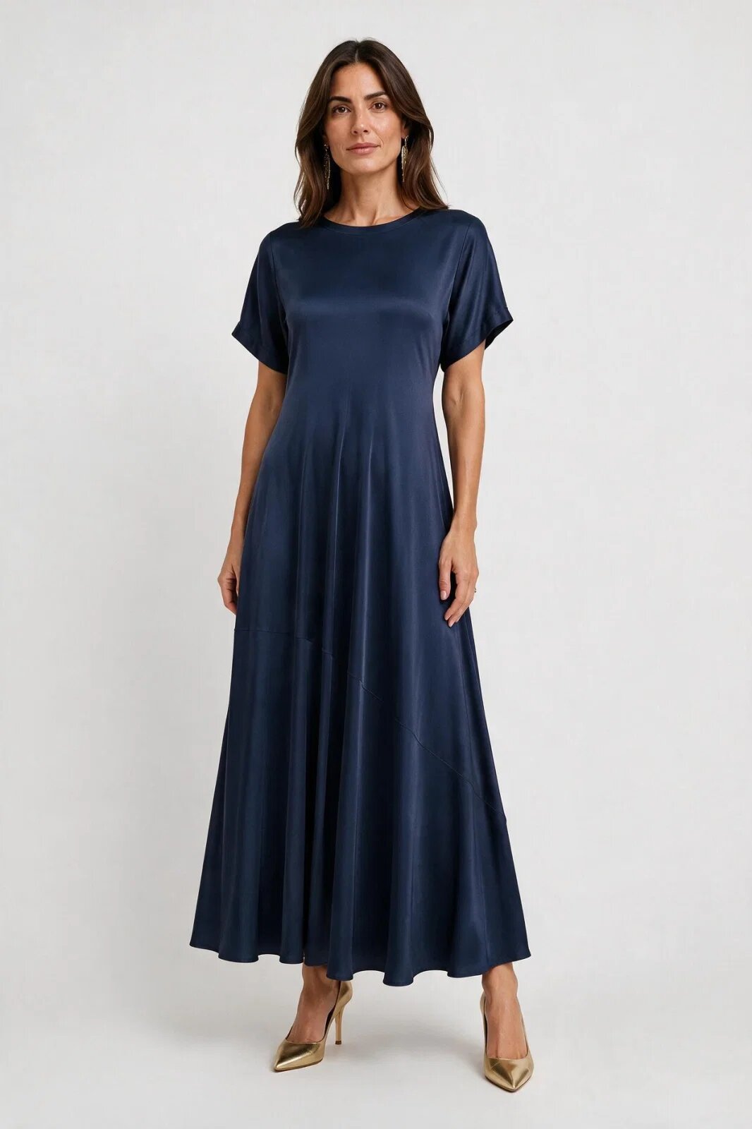 Shopika Rochie lunga din satin cu matase si vascoza croi amplu si design fluid bleumarin