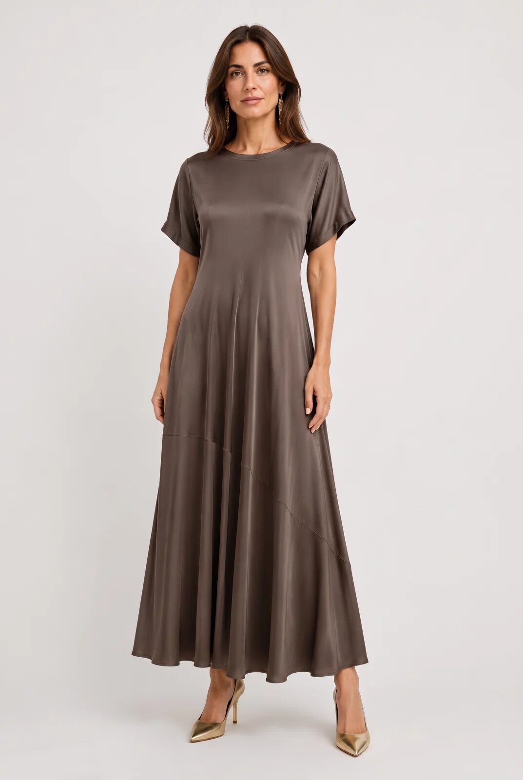Shopika Rochie lunga din satin cu matase si vascoza croi amplu si design fluid gri