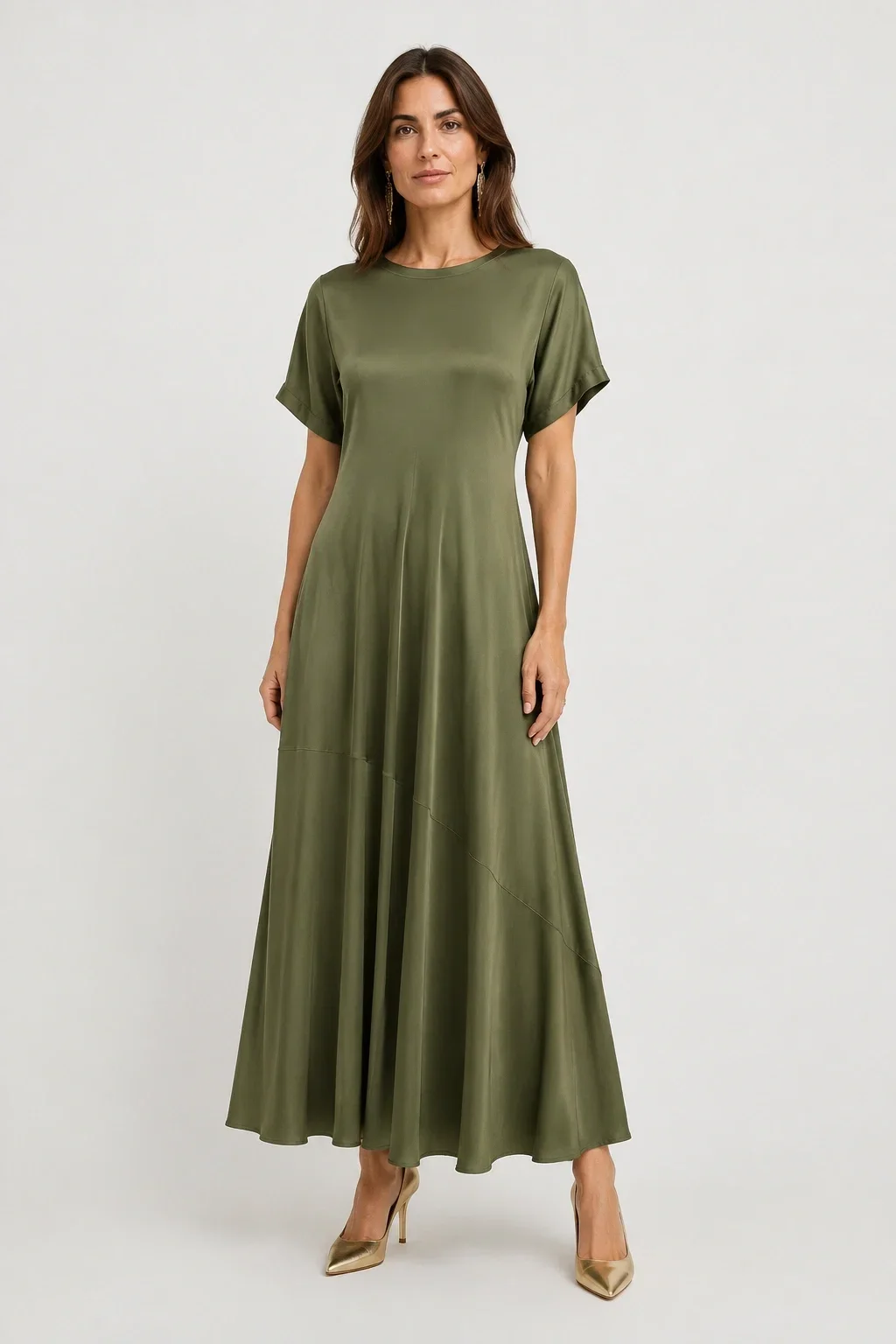 Shopika Rochie lunga din satin cu matase si vascoza croi amplu si design fluid kaki