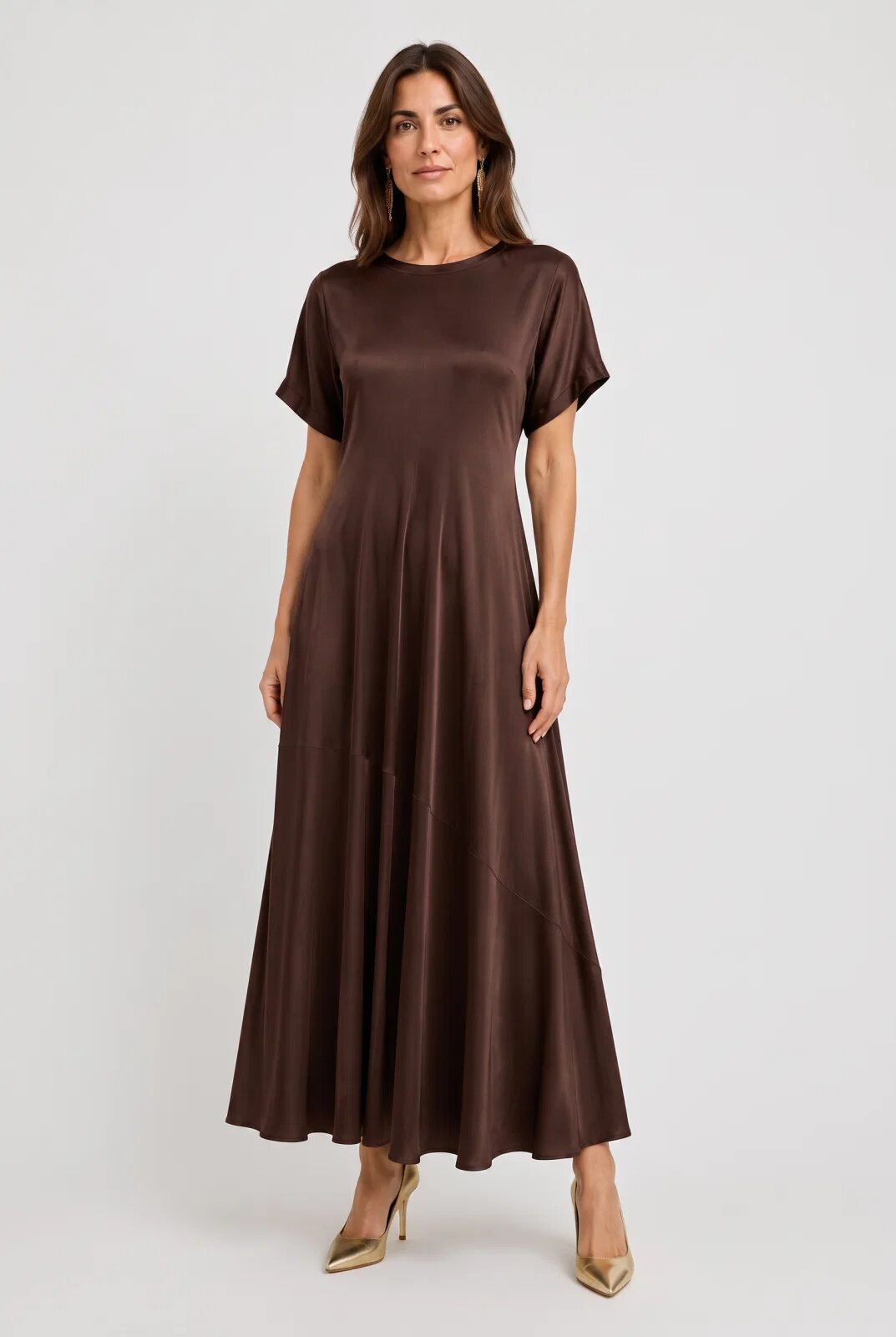 Shopika Rochie lunga din satin cu matase si vascoza croi amplu si design fluid maro