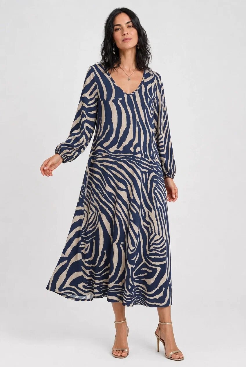 Shopika Rochie lunga din vascoza mata cu imprimeu zebra albastru-bej