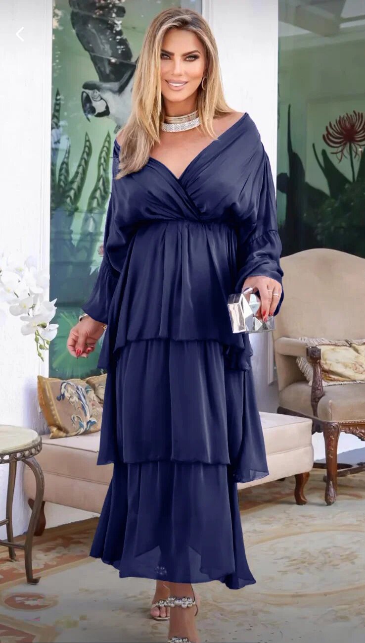 Shopika Rochie lunga suprapusa din matase cu trei volane mari si maneca lunga bleumarin