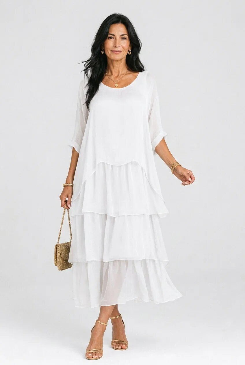 Shopika Rochie lunga suprapusa din matase si vascoza cu trei volane mari si maneca cazuta alba