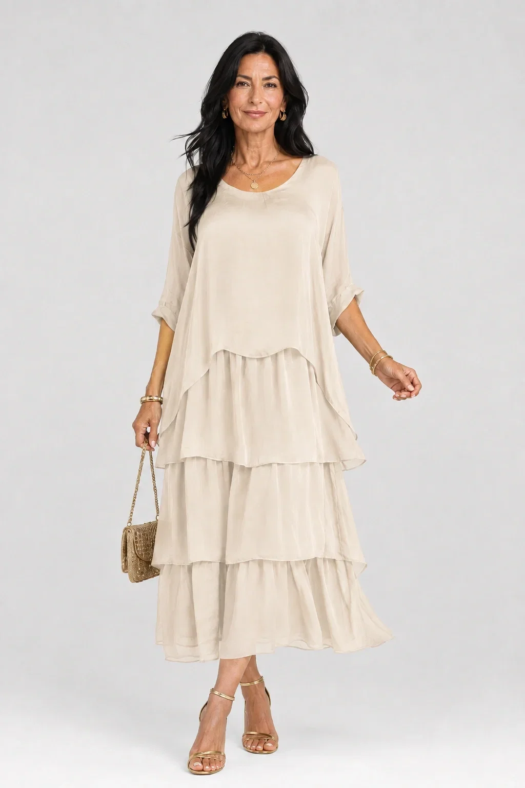 Shopika Rochie lunga suprapusa din matase si vascoza cu trei volane mari si maneca cazuta bej