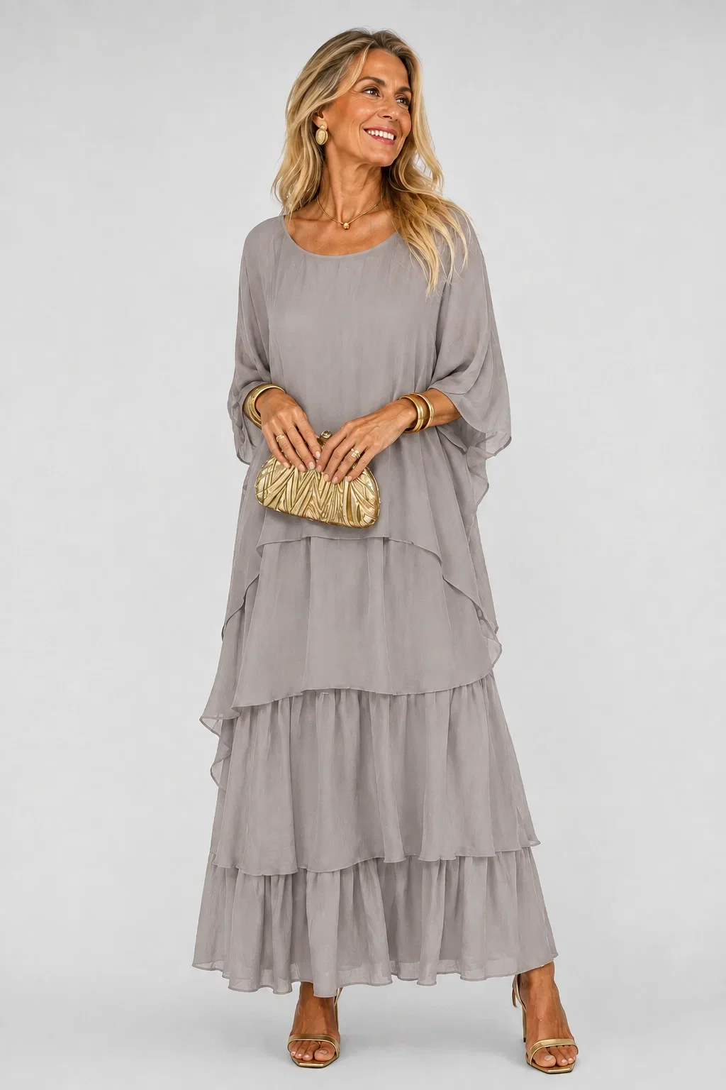 Shopika Rochie lunga suprapusa din matase si vascoza cu trei volane mari si maneca cazuta bej inchis