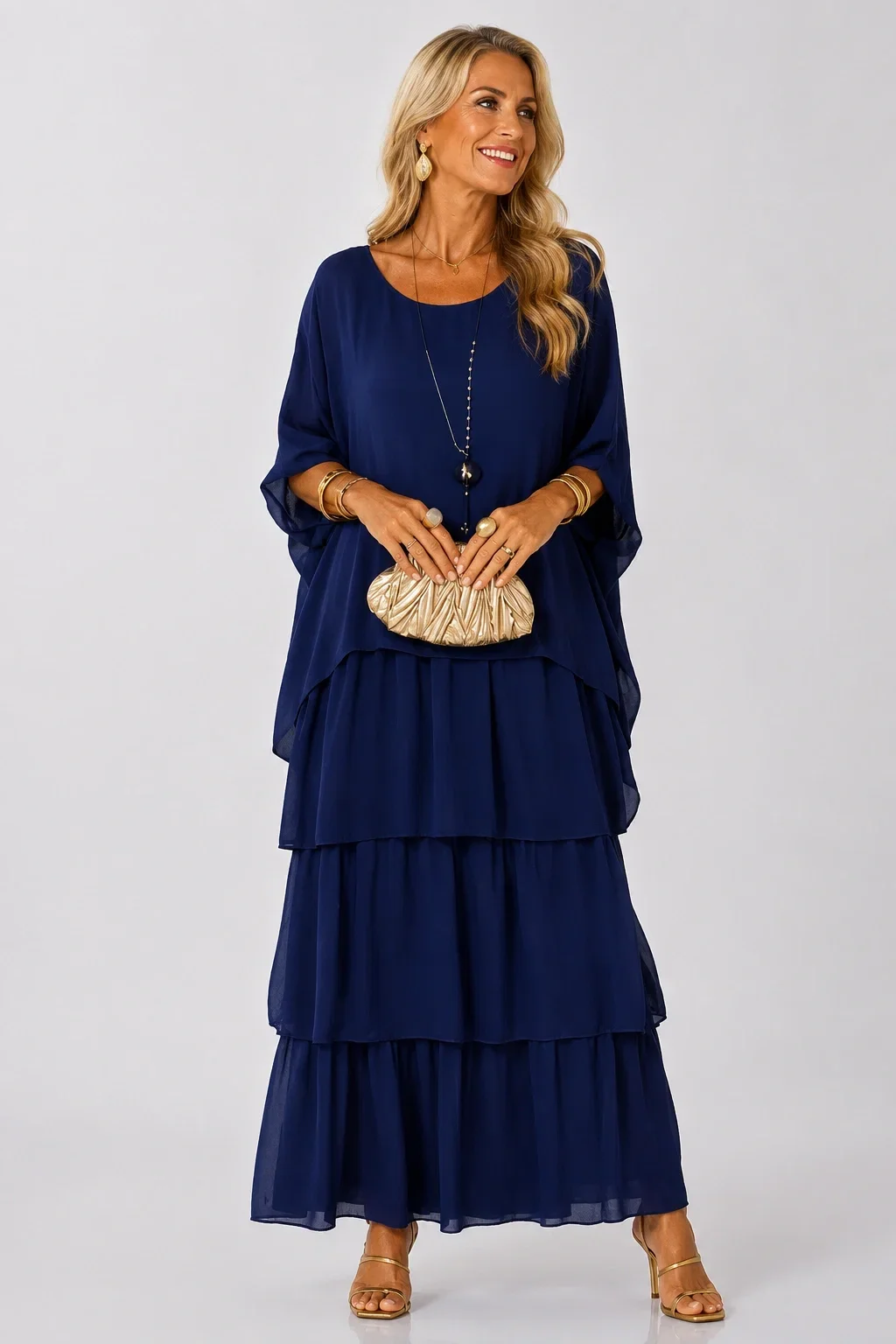 Shopika Rochie lunga suprapusa din matase si vascoza cu trei volane mari si maneca cazuta bleumarin