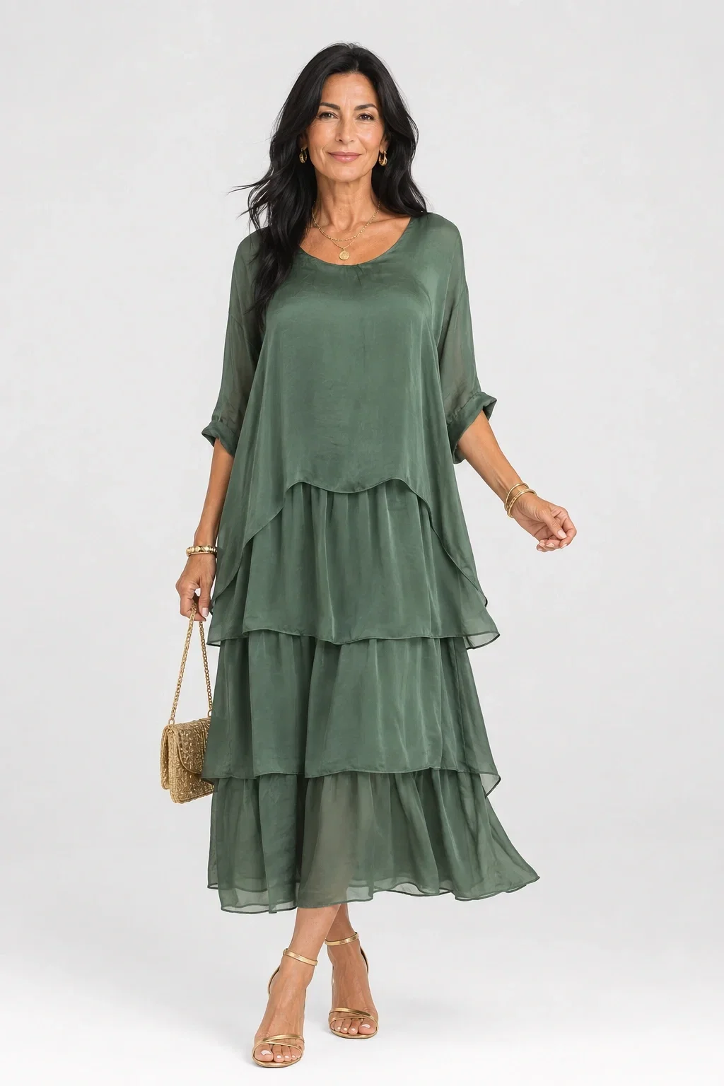 Shopika Rochie lunga suprapusa din matase si vascoza cu trei volane mari si maneca cazuta kaki