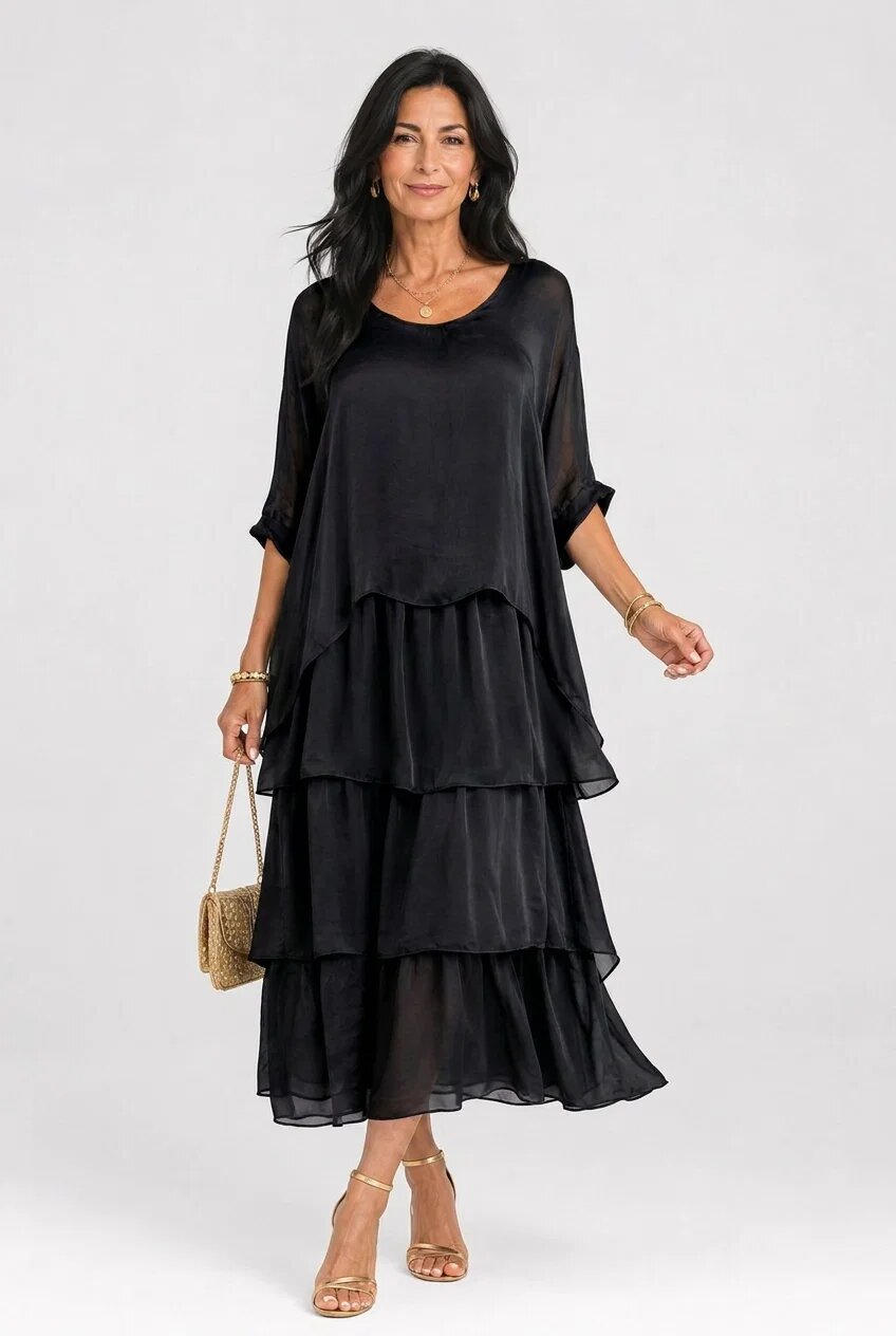 Shopika Rochie lunga suprapusa din matase si vascoza cu trei volane mari si maneca cazuta neagra