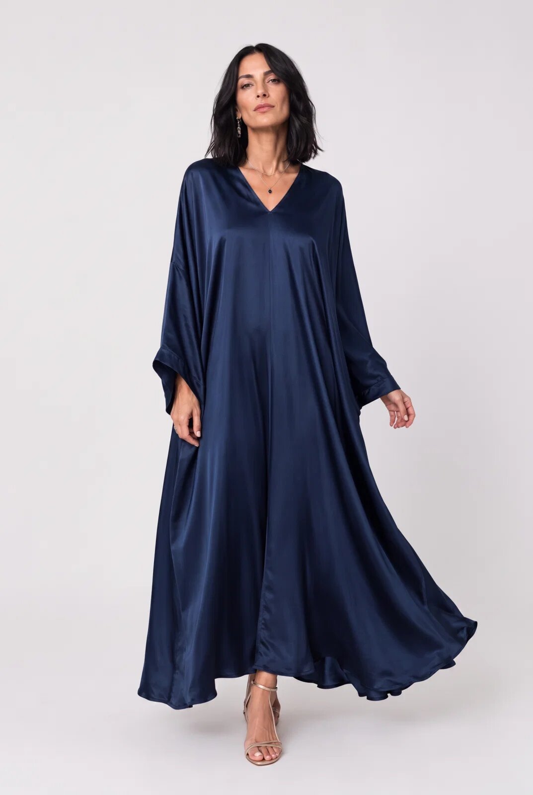 Shopika Rochie lunga tip caftan din satin cu matase si vascoza - bleumarin