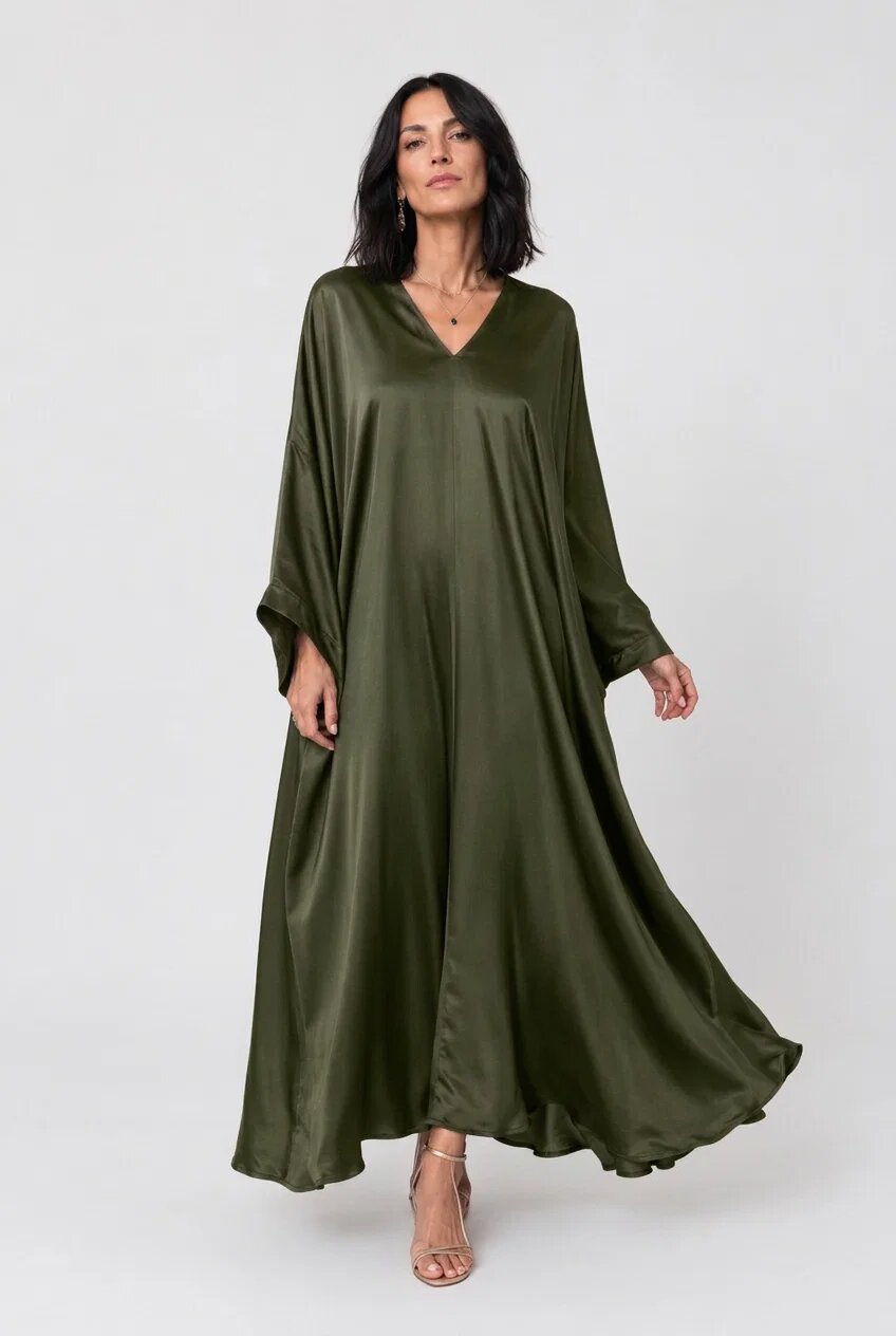 Shopika Rochie lunga tip caftan din satin cu matase si vascoza - kaki