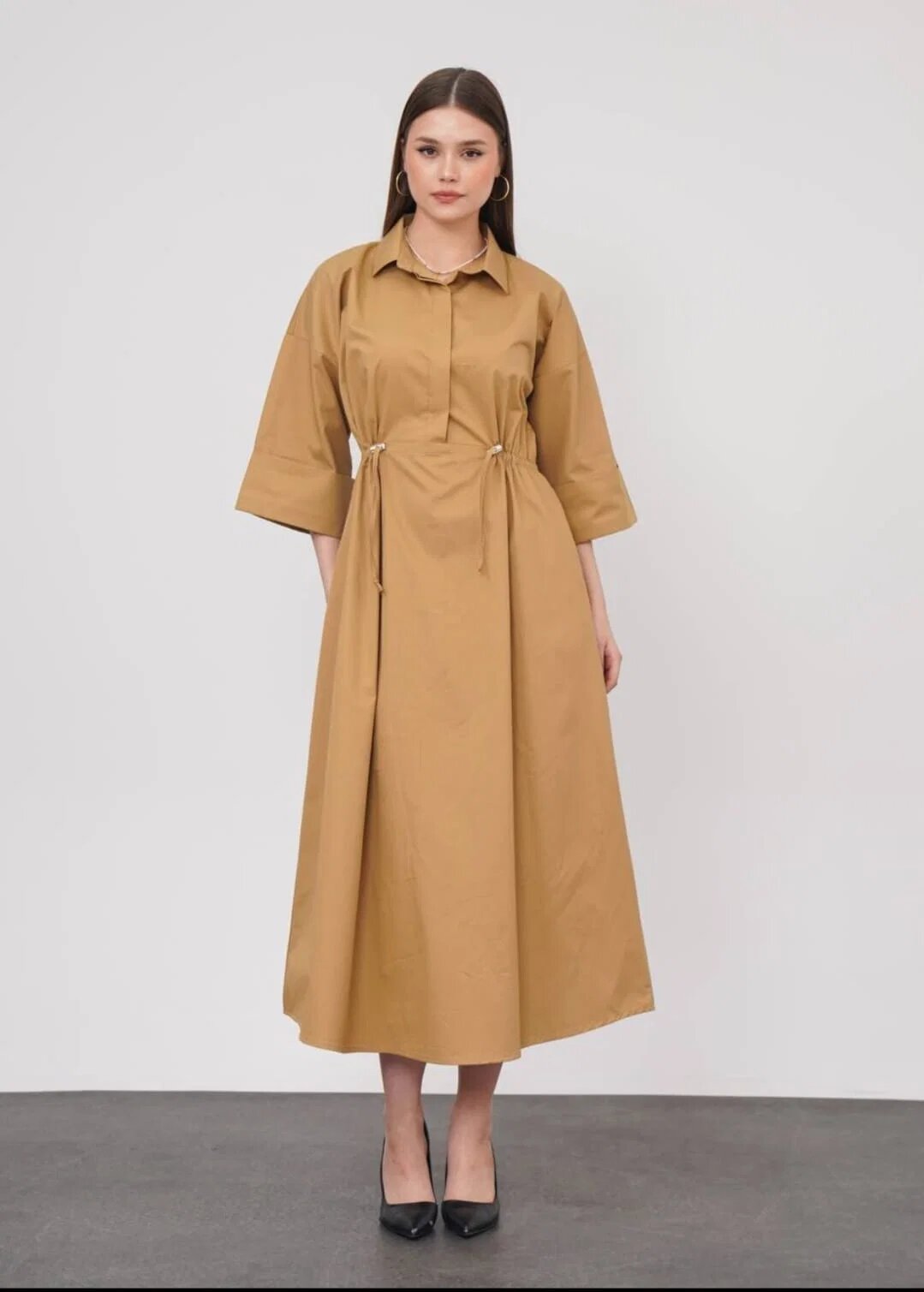Shopika Rochie lunga tip camasa din poplin satinat de bumbac camel