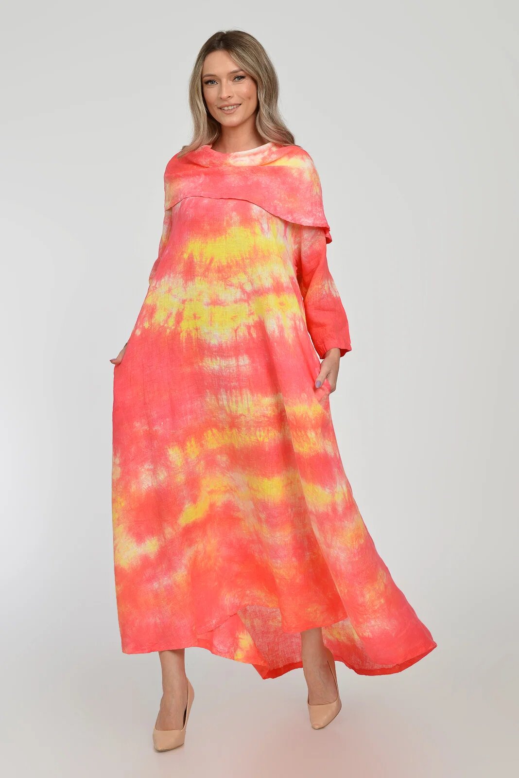 Shopika Rochie maxi A-line din in cu guler amplu cu imprimeu boem tie-dye corai