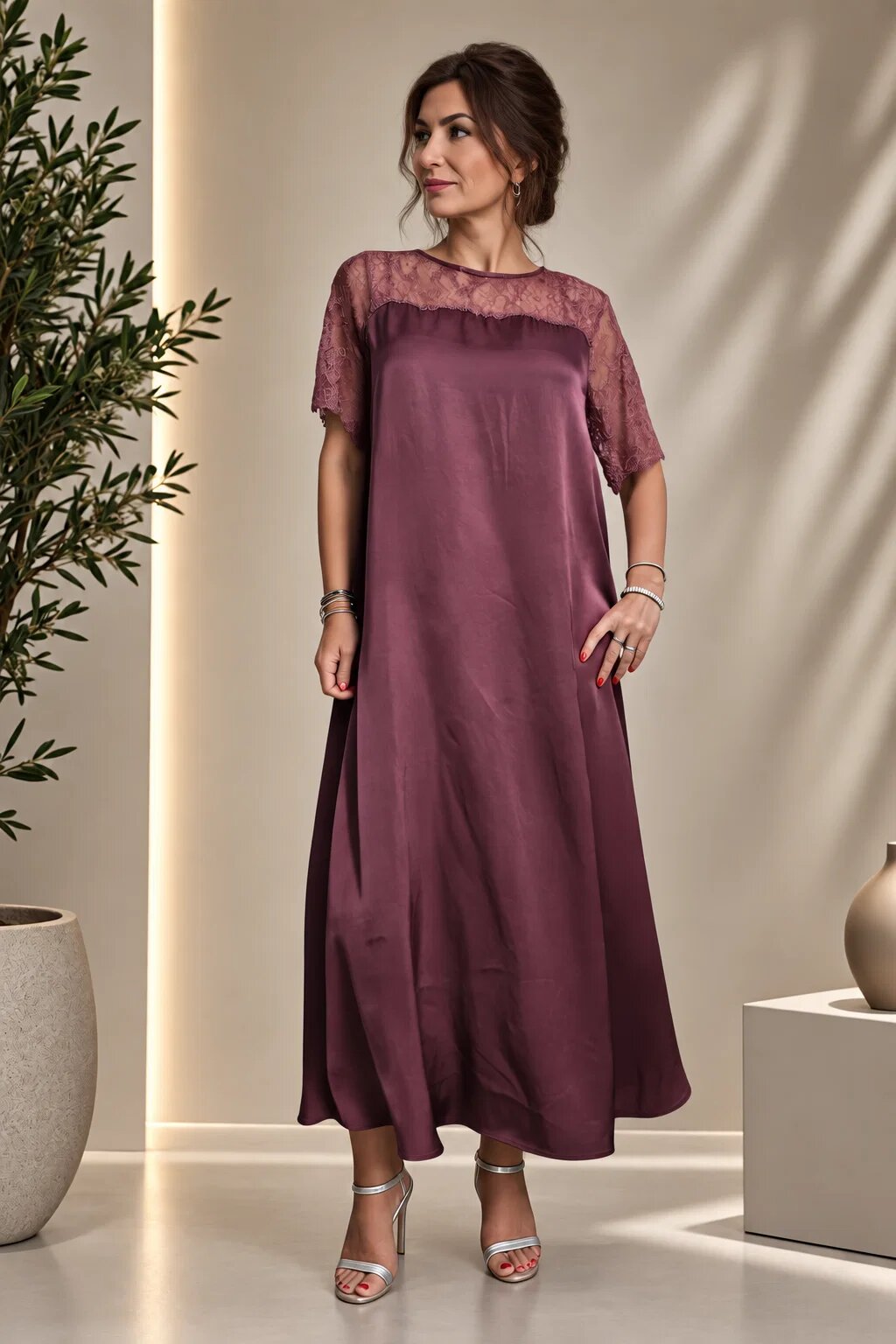 Shopika Rochie maxi A-line din satin matase si vascoza insertii din dantela si croi fluid bordo