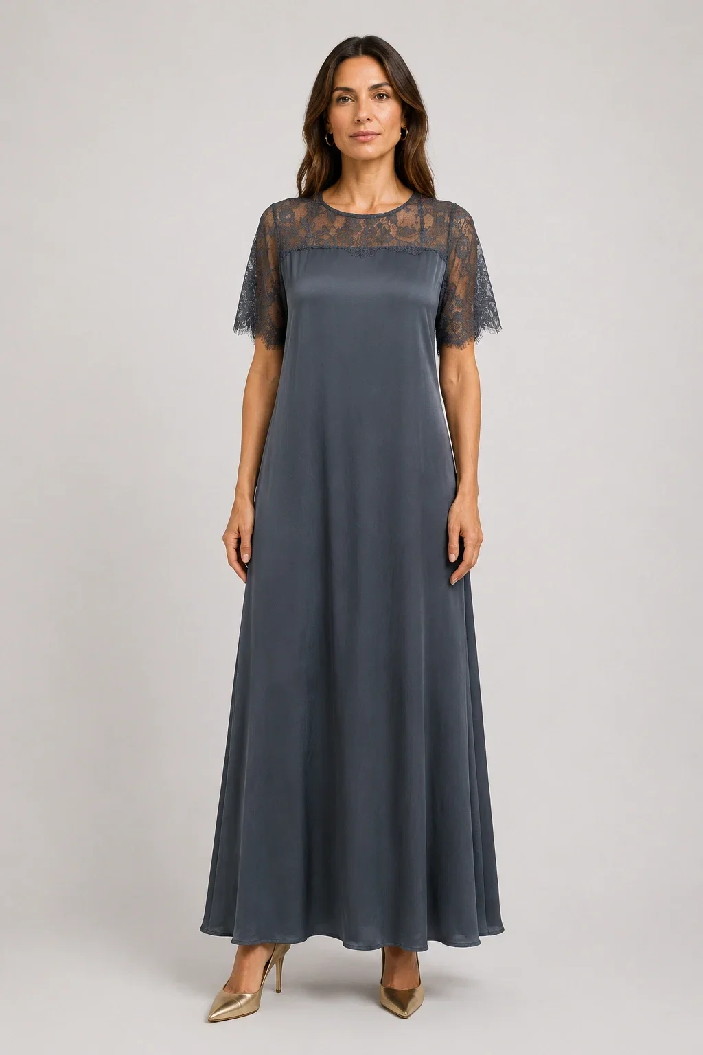 Shopika Rochie maxi A-line din satin matase si vascoza insertii din dantela si croi fluid gri