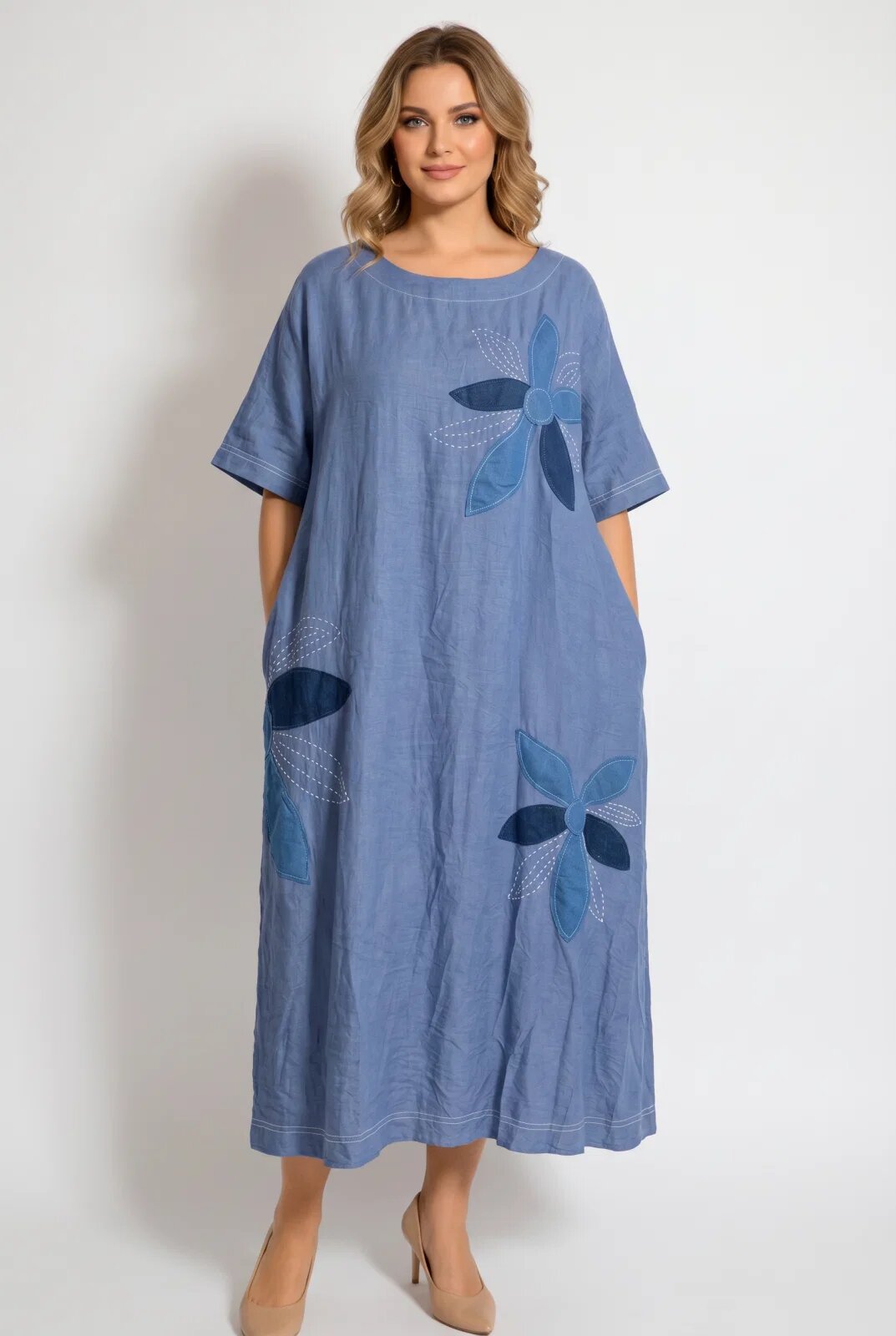 Shopika Rochie maxi bleu din denim subtire cu aplicatii florale couture