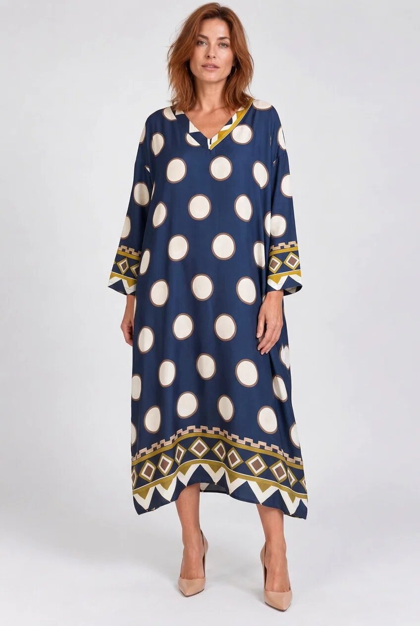 Shopika Rochie maxi din matase si vascoza cu buline si bordura grafica bleumarin