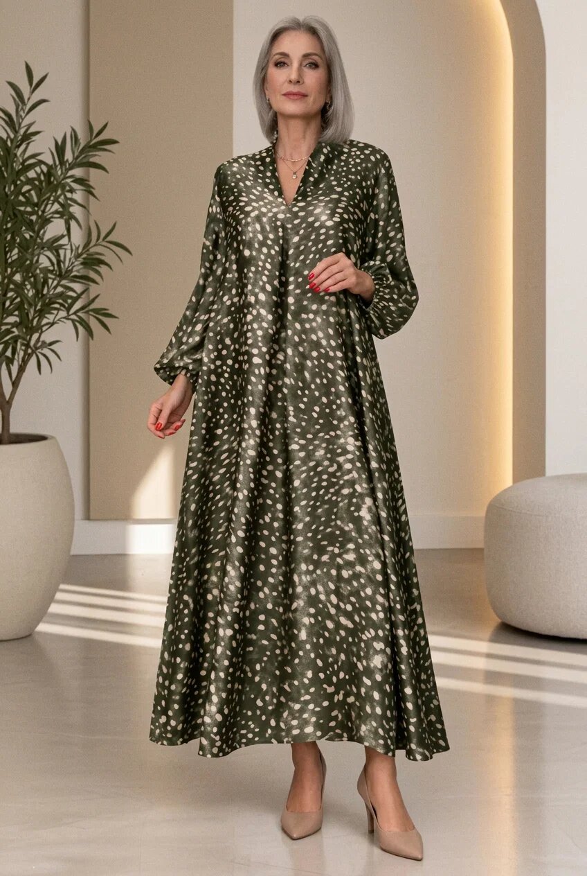 Shopika Rochie maxi din satin de matase si vascoza cu imprimeu abstract kaki