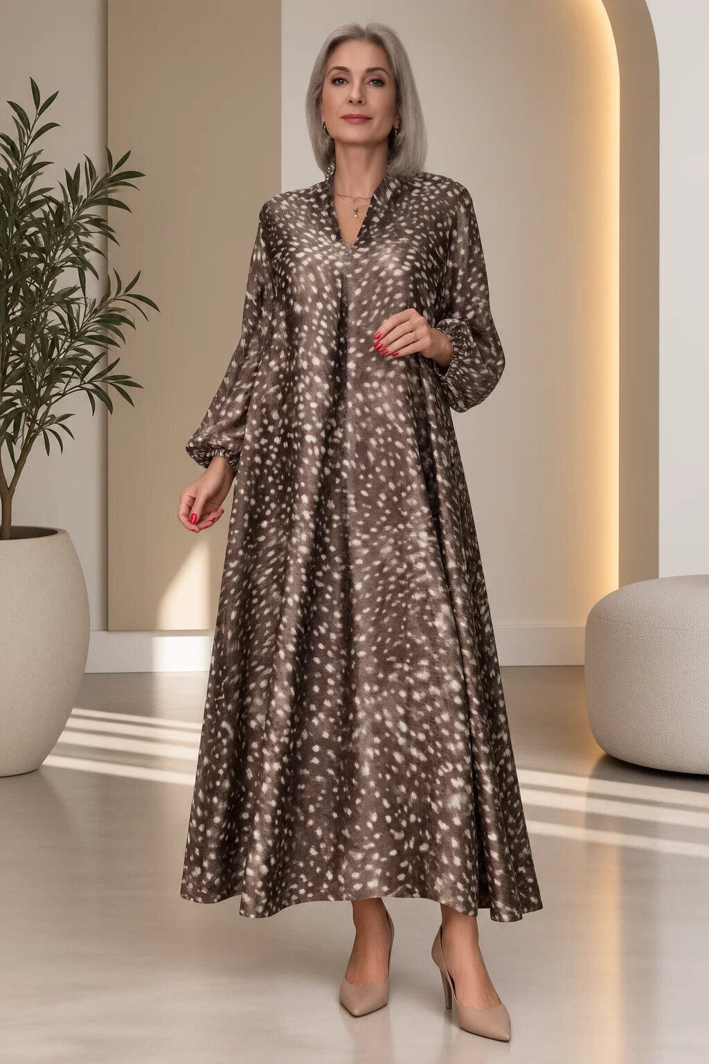 Shopika Rochie maxi din satin de matase si vascoza cu imprimeu abstract maro