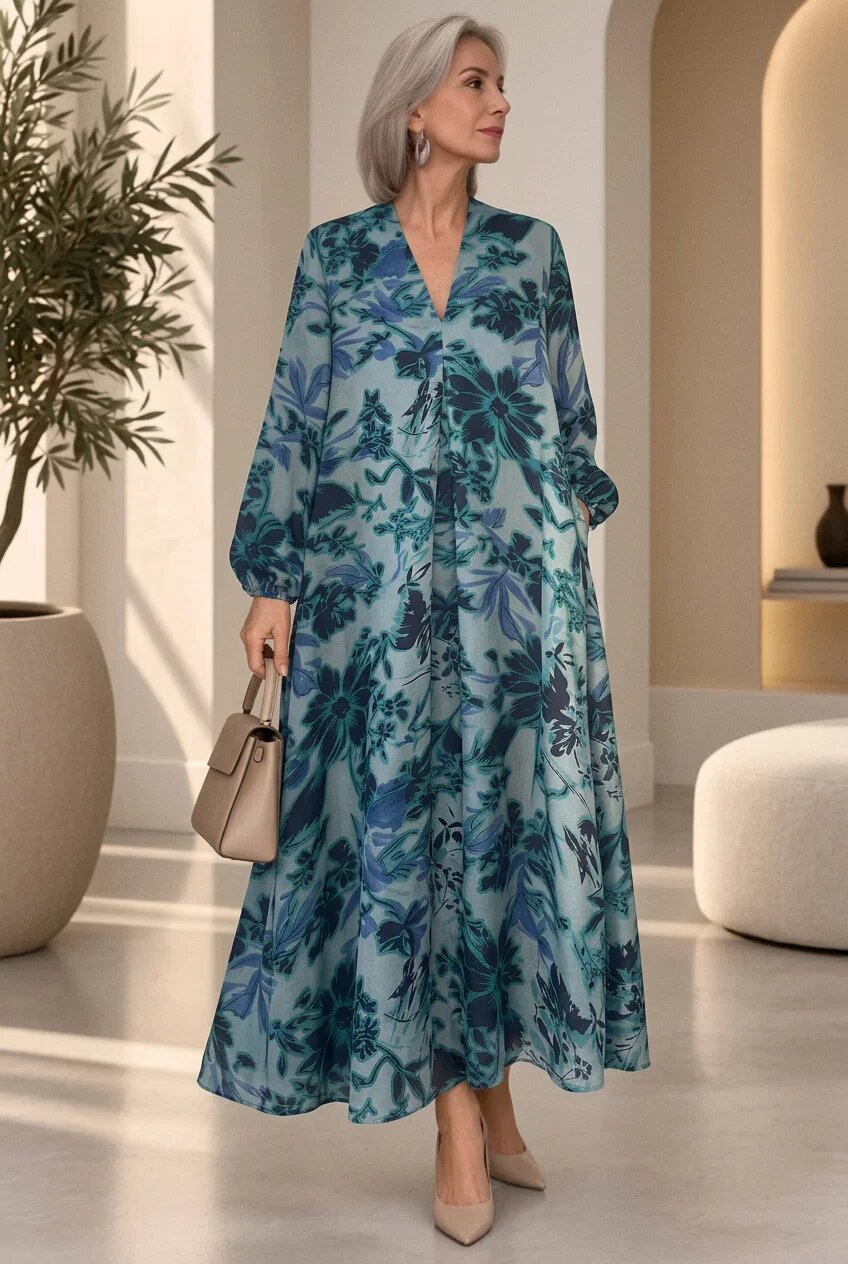 Shopika Rochie maxi din satin de matase si vascoza cu imprimeu floral turcoaz