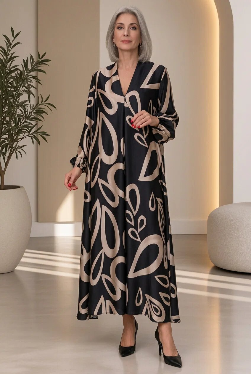 Shopika Rochie maxi din satin de matase si vascoza cu imprimeu grafic abstract alb negru