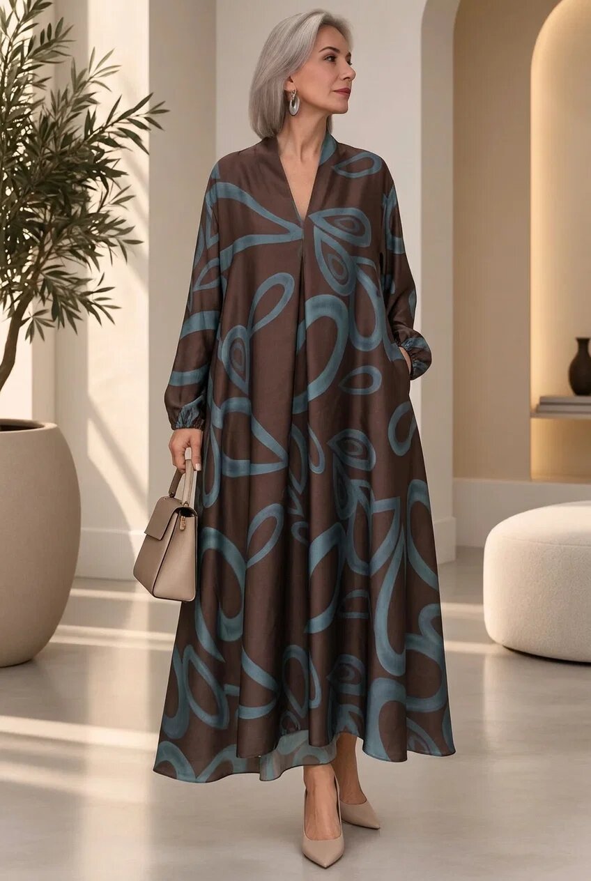 Shopika Rochie maxi din satin de matase si vascoza cu imprimeu grafic abstract maro turcoaz