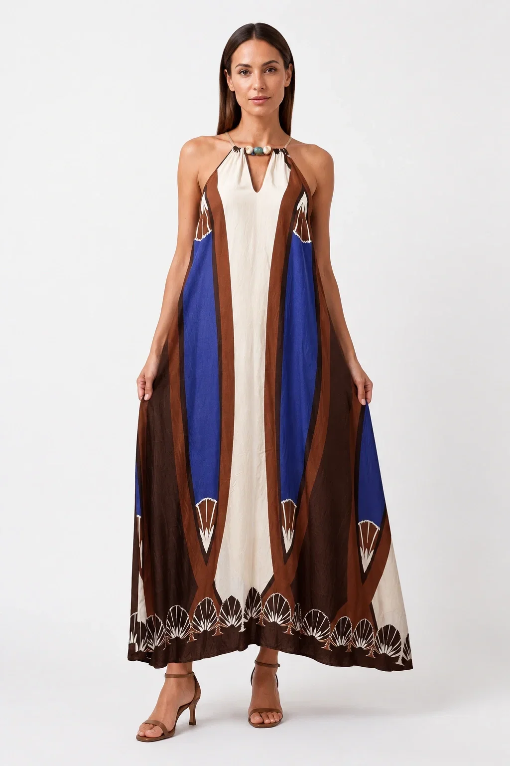 Shopika Rochie maxi din vascoza cu margele decorative la decolteu si imprimeu geometric