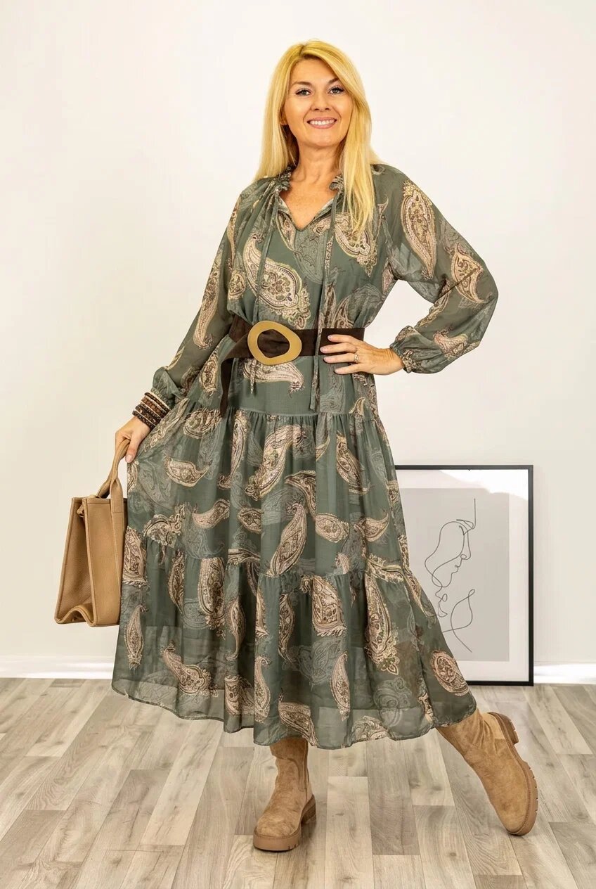 Shopika Rochie maxi kaki cu imprimeu paisley cu volane si maneci vaporoase