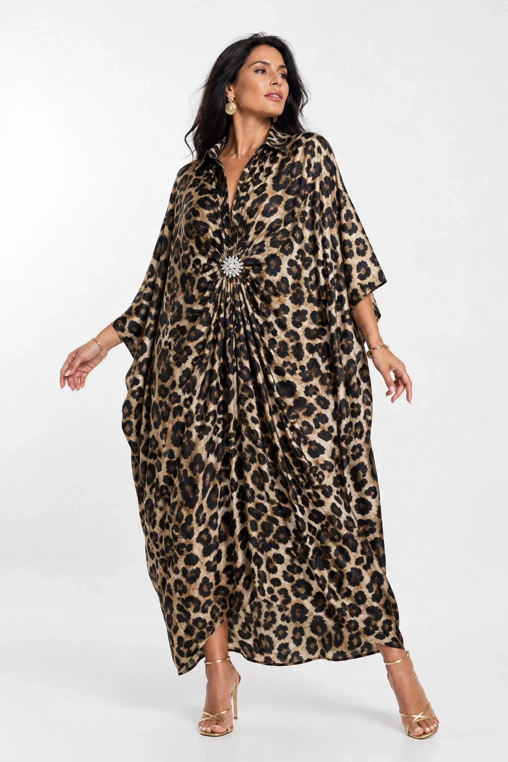 Shopika Rochie maxi tip caftan cu animal print drapaj si brosa detasabila leopard