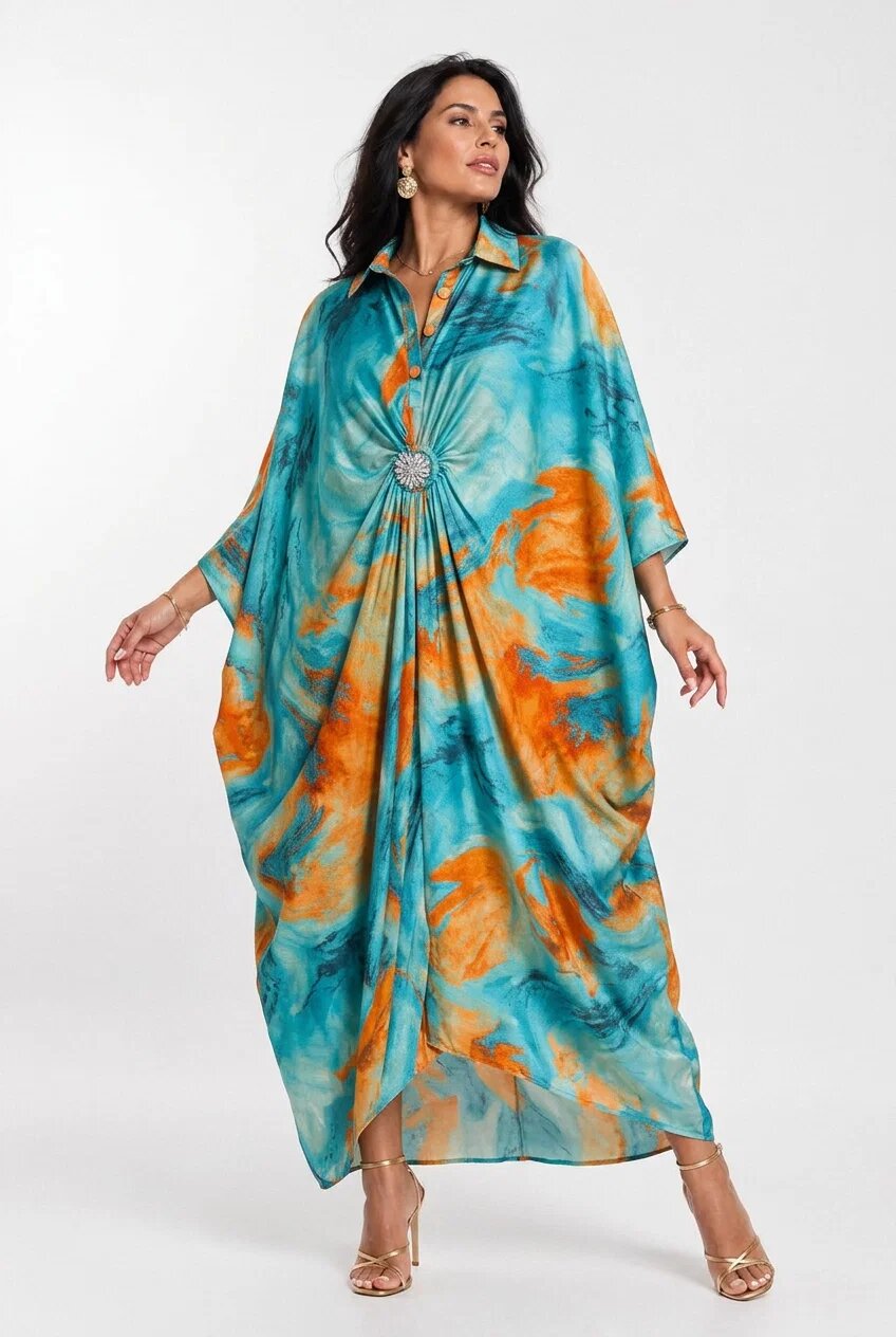 Shopika Rochie maxi tip caftan cu imprimeu aqua portocaliu drapaj si brosa detasabila