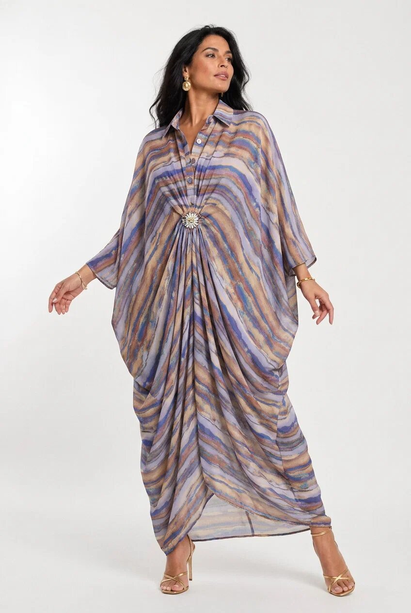 Shopika Rochie maxi tip caftan cu imprimeu multicolor drapaj si brosa detasabila