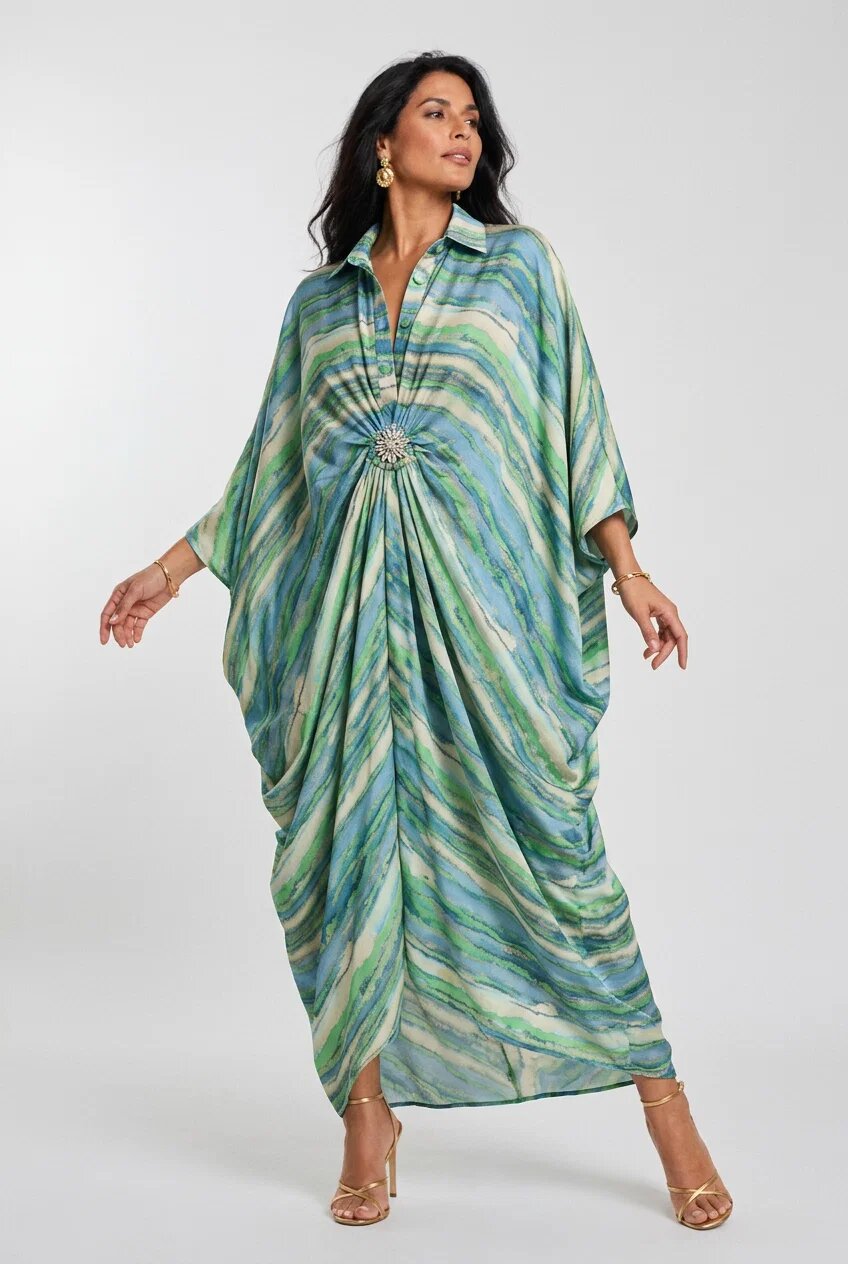 Shopika Rochie maxi tip caftan cu imprimeu verde drapaj si brosa detasabila