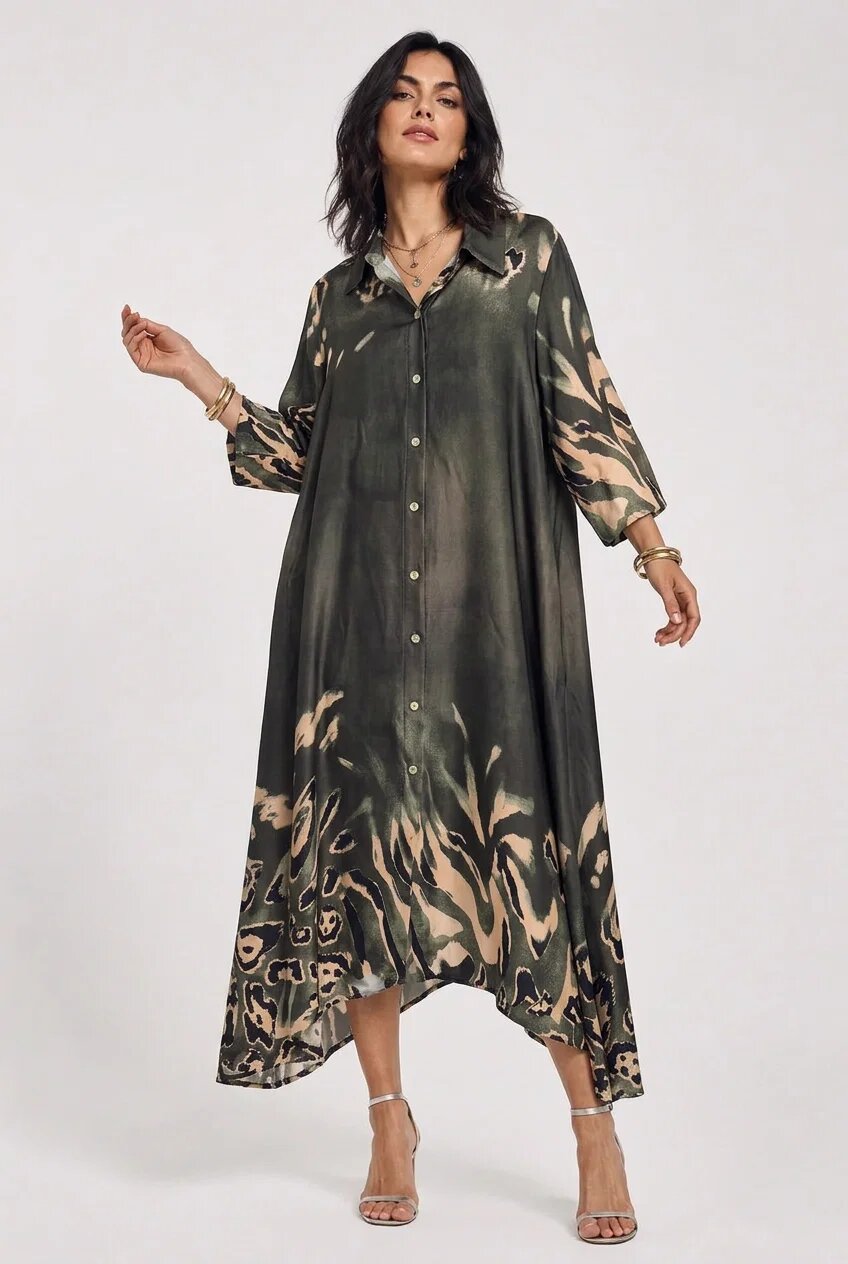 Shopika Rochie maxi tip camasa din vascoza cu imprimeu animal print si croi lejer kaki